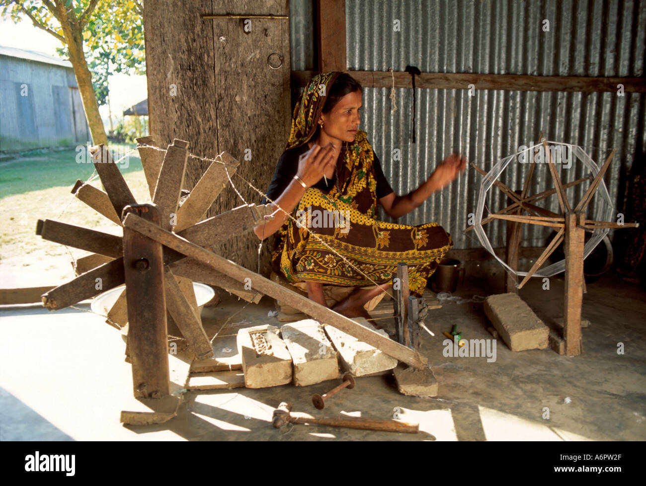 Woman from a village cooperative hand-spinning fine cotton. Bangladesh Stock Photo