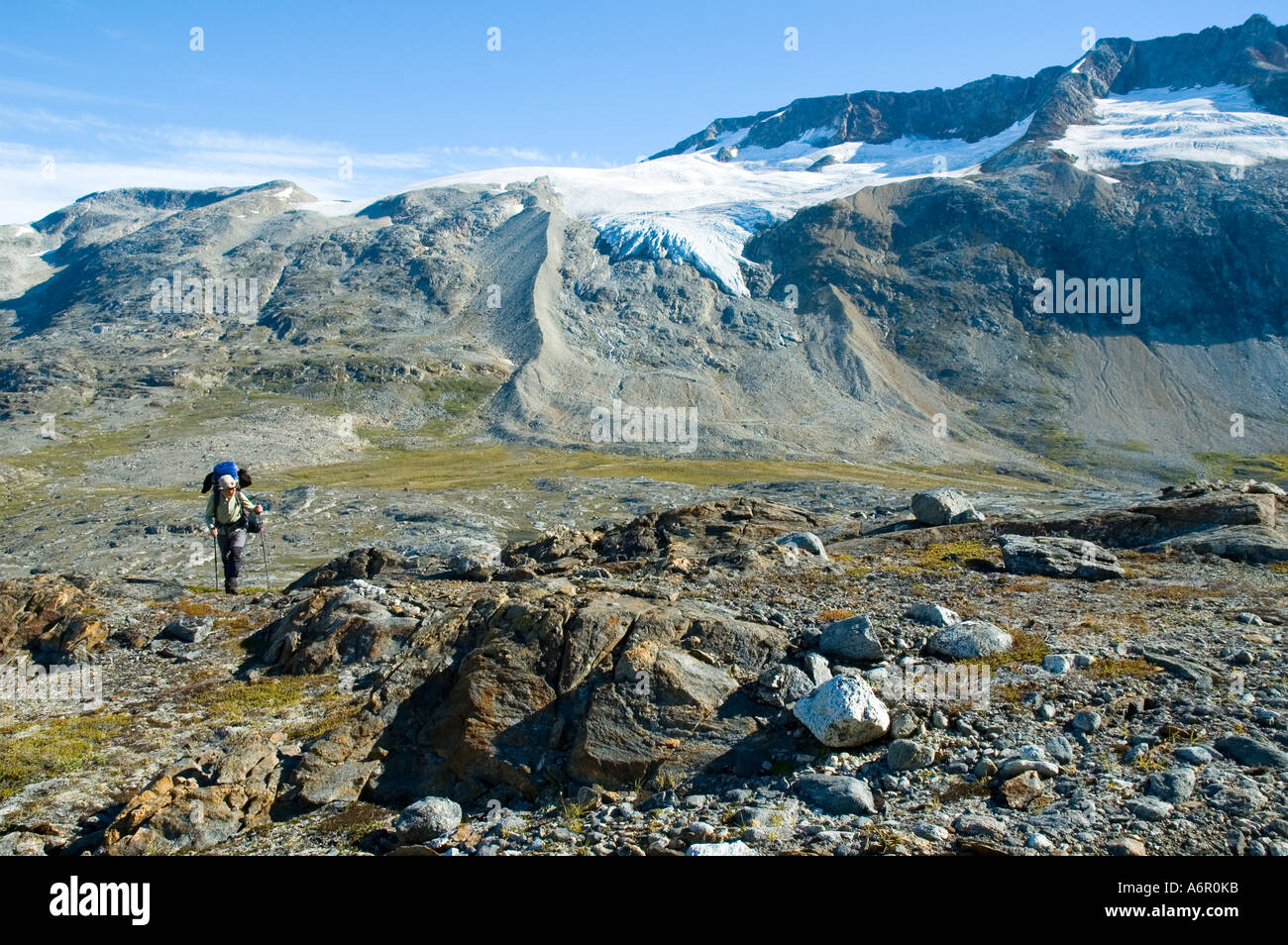 Glaciers and moraines from the Tiniteqilâq ridge, above Sermilik Fjord, East Greenland Stock Photo