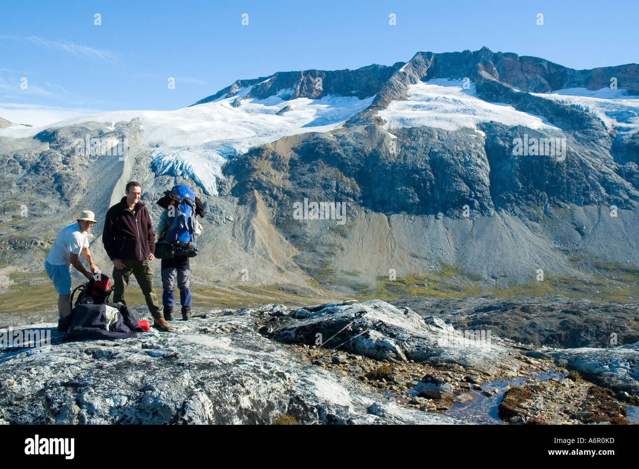 Glaciers and moraines from the Tiniteqilâq ridge, above Sermilik Fjord, East Greenland Stock Photo