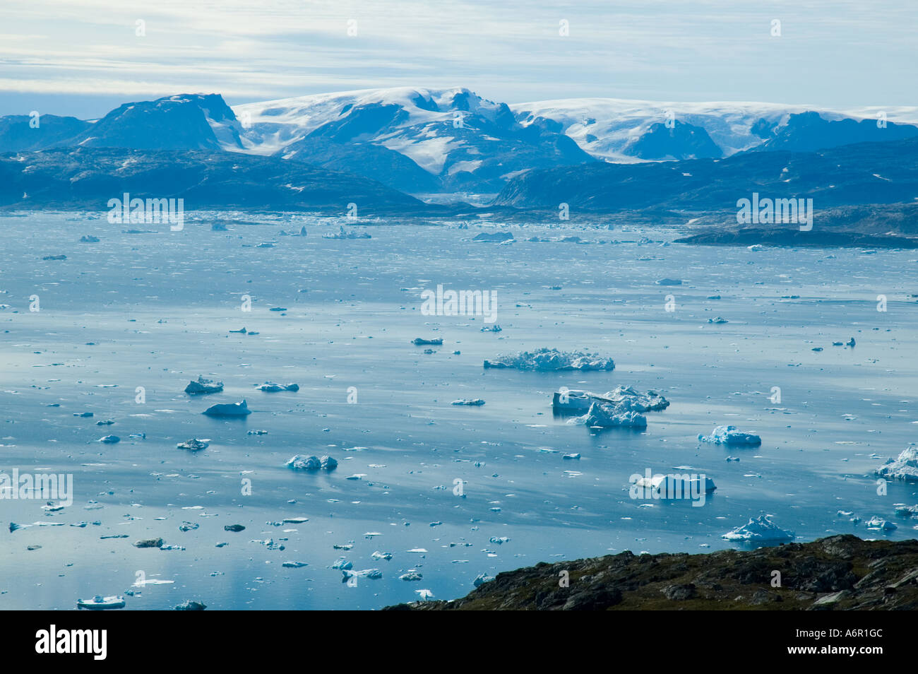 Looking across Sermilik Fjord from the Tiniteqilâq ridge, East Greenland Stock Photo