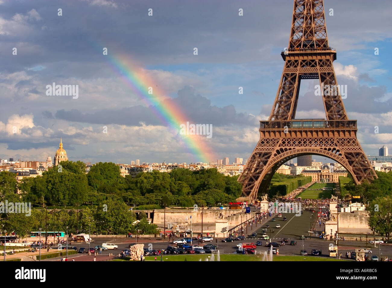 Rainbow left of Eiffel Tower view from Palace Challiot Paris France