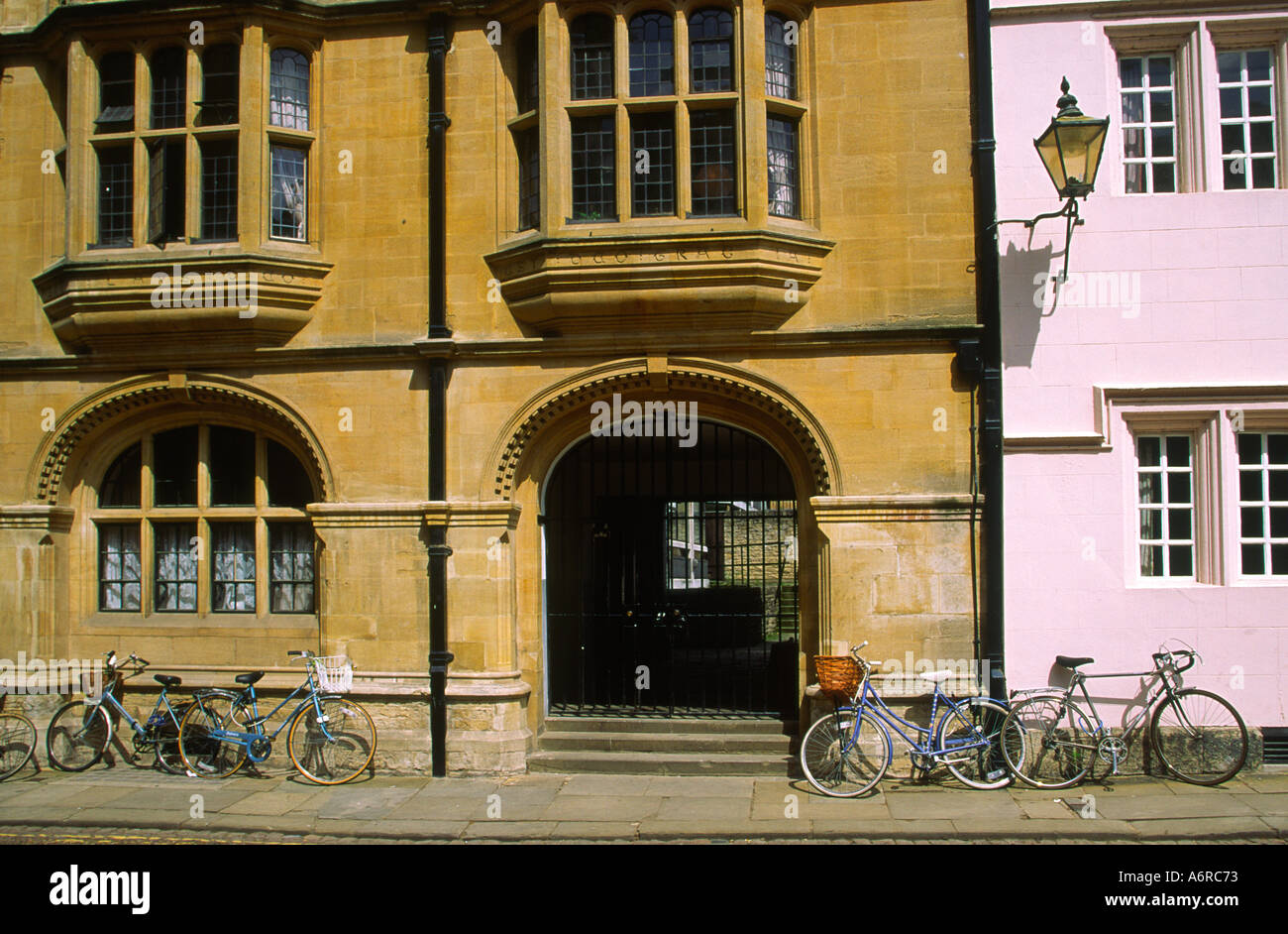 College buildings with parked bicycles Merton Street Oxford Stock Photo