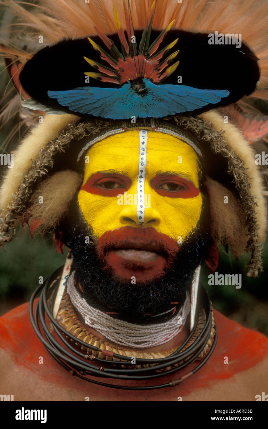 PAPUA NEW GUINEA, Huli Tribesman wearing facepaint at Sing sing Southern Highlands near Tari Stock Photo