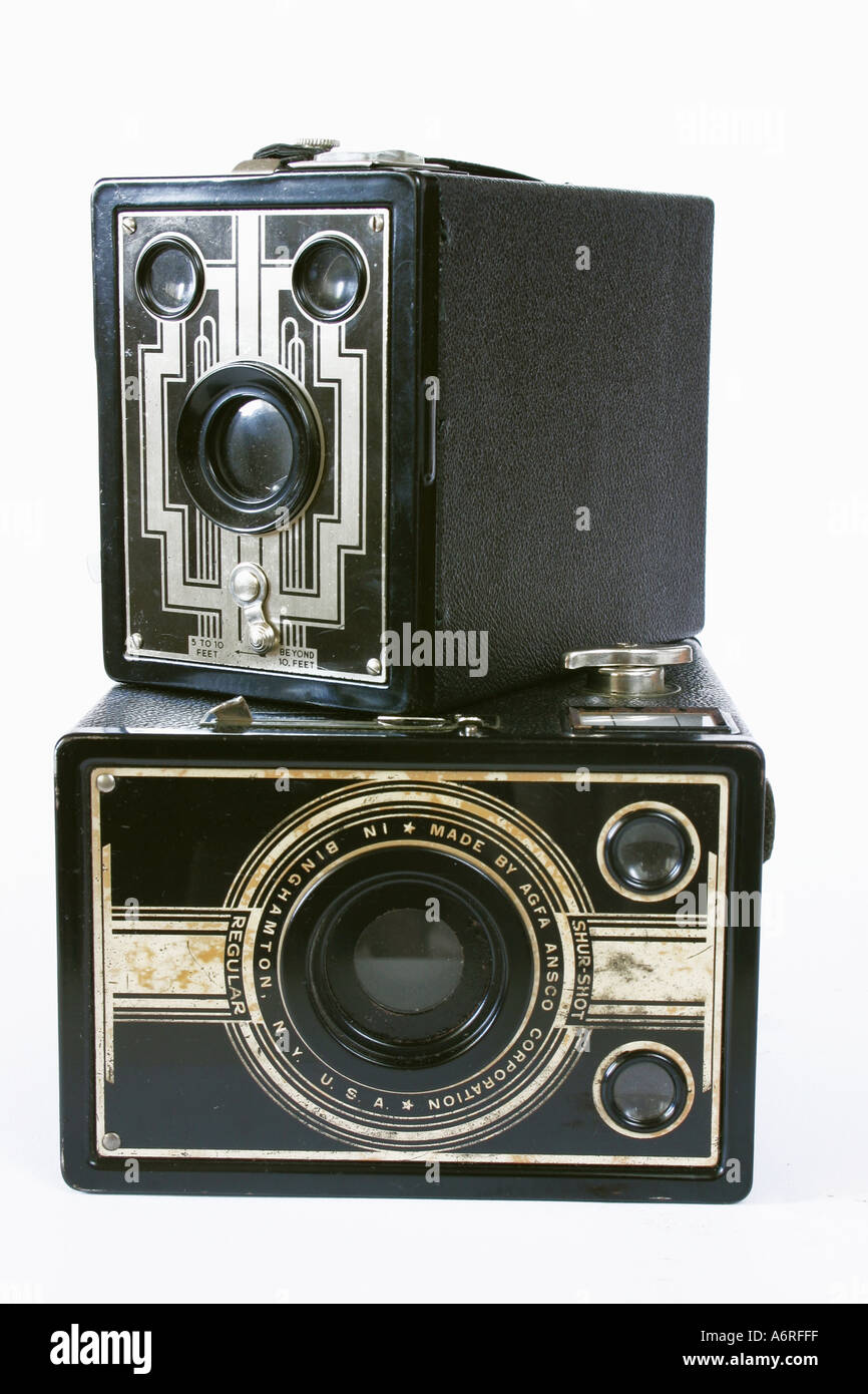 Two vintage antique box brownie cameras against white studio background  Stock Photo - Alamy