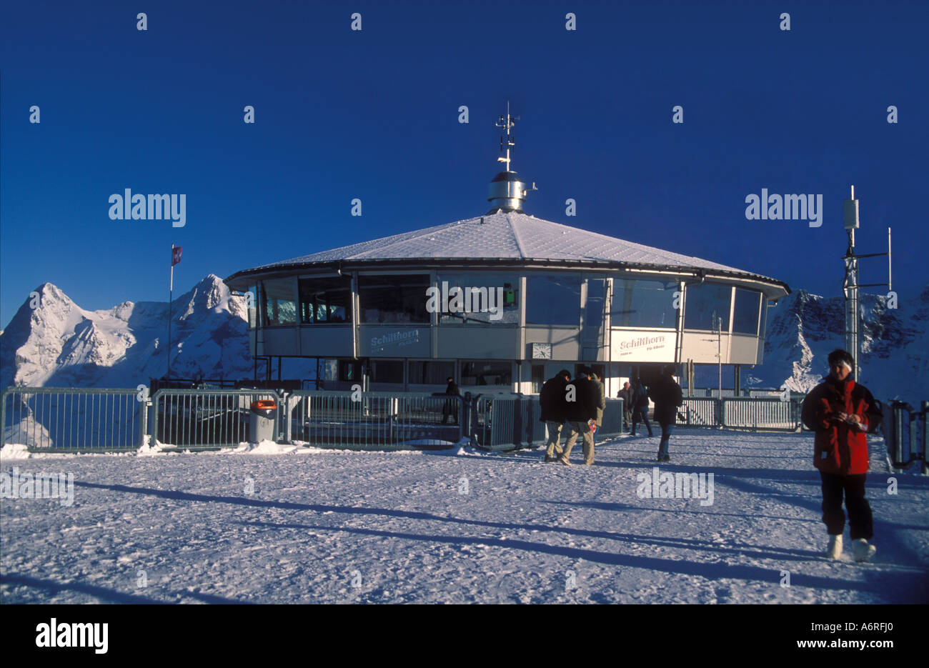Restaurant on summit of Schilthorn Piz Gloria left Mount Eiger Bernese Oberland Swiss alps Switzerland Stock Photo
