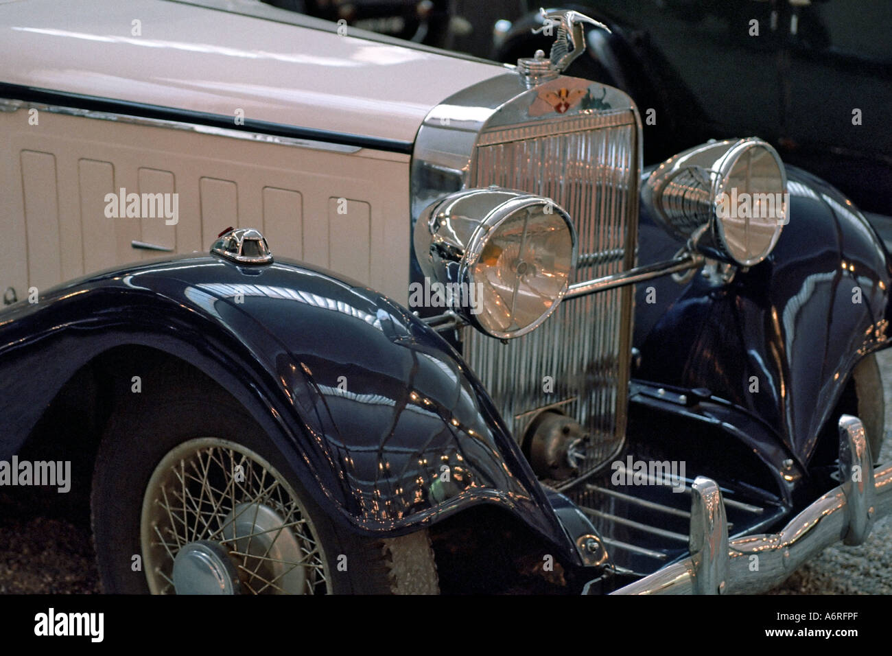 Front part of a vintage Hispano-Suiza car displayed in Schlumpf Automobile National Museum (Cité de l’Automobile). Mulhouse, Alsace, France. Stock Photo