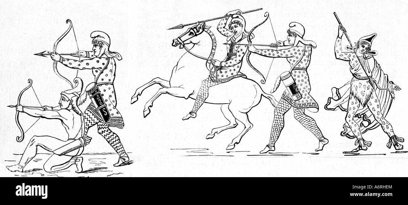 Amazons, Greek mythological figures, fighting Amazones, drawing, 19th century, after ancient illustration, women, phrygian cap, Stock Photo