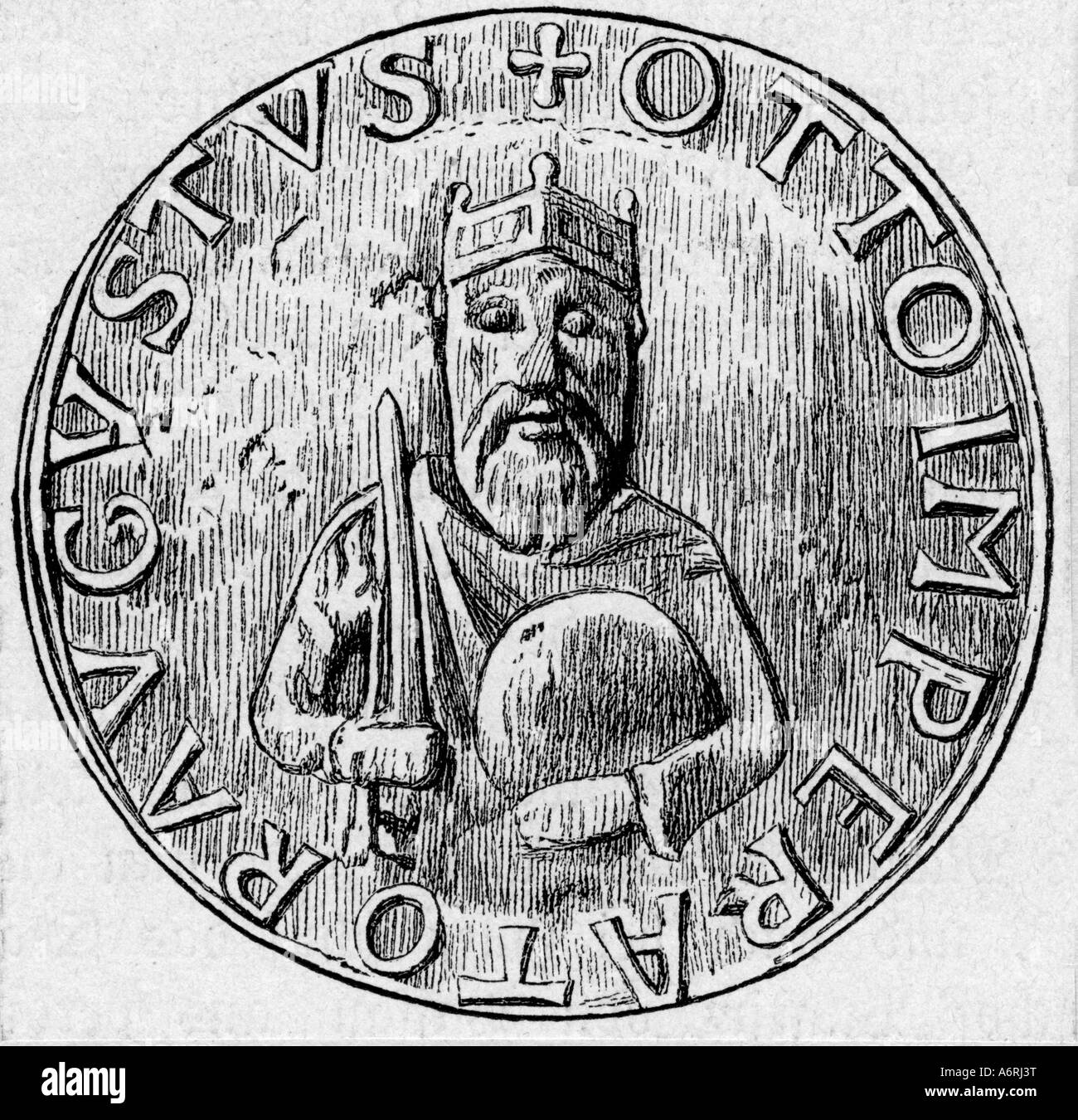 'Otto I 'the Great', 23.11.912 - 7.5.973, Holy Roman Emperor 2.2.962 - 7.5.973, portrait, seal, engraving, 19th century, king Stock Photo