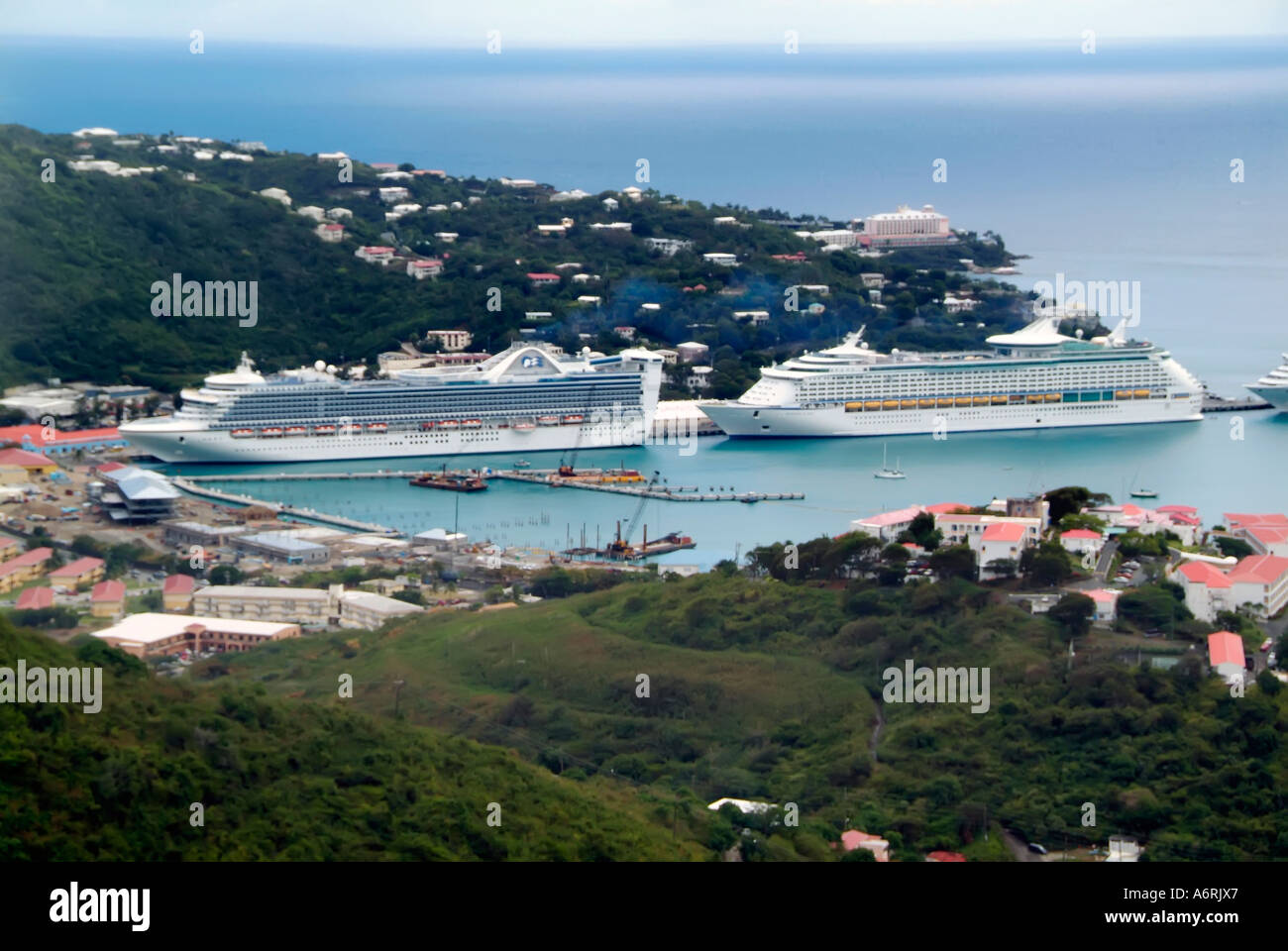 The cruise ship Carnival Fantasy from Port Canaveral visits the Caribbean Island of St Thomas Stock Photo