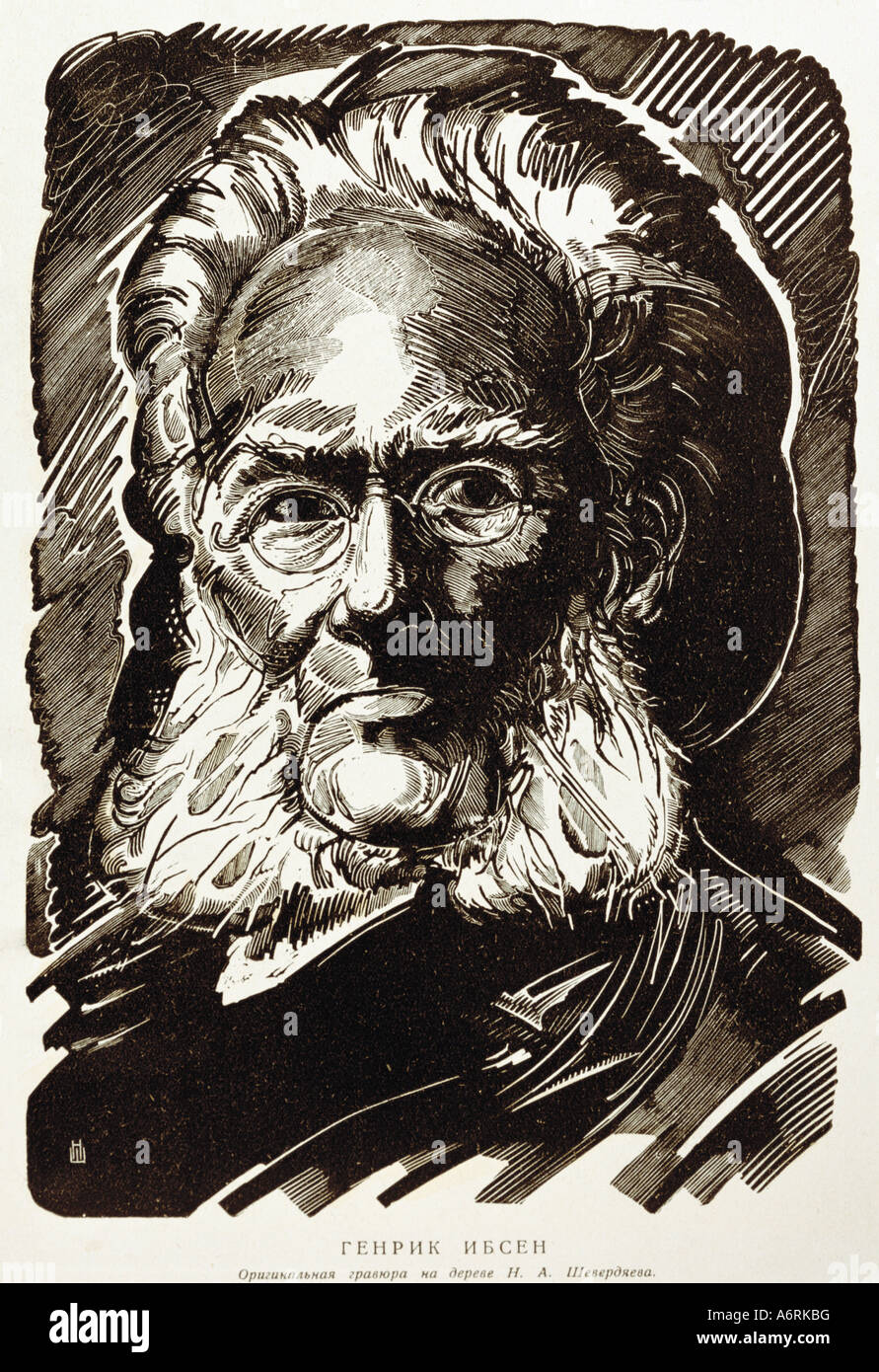 Ibsen, Henrik, 20.3.1828 - 23.5.1906, Norwegian writer/author, portrait, engraving by N.A. Schewerdjajev (1877 - 1952), circa 19 Stock Photo