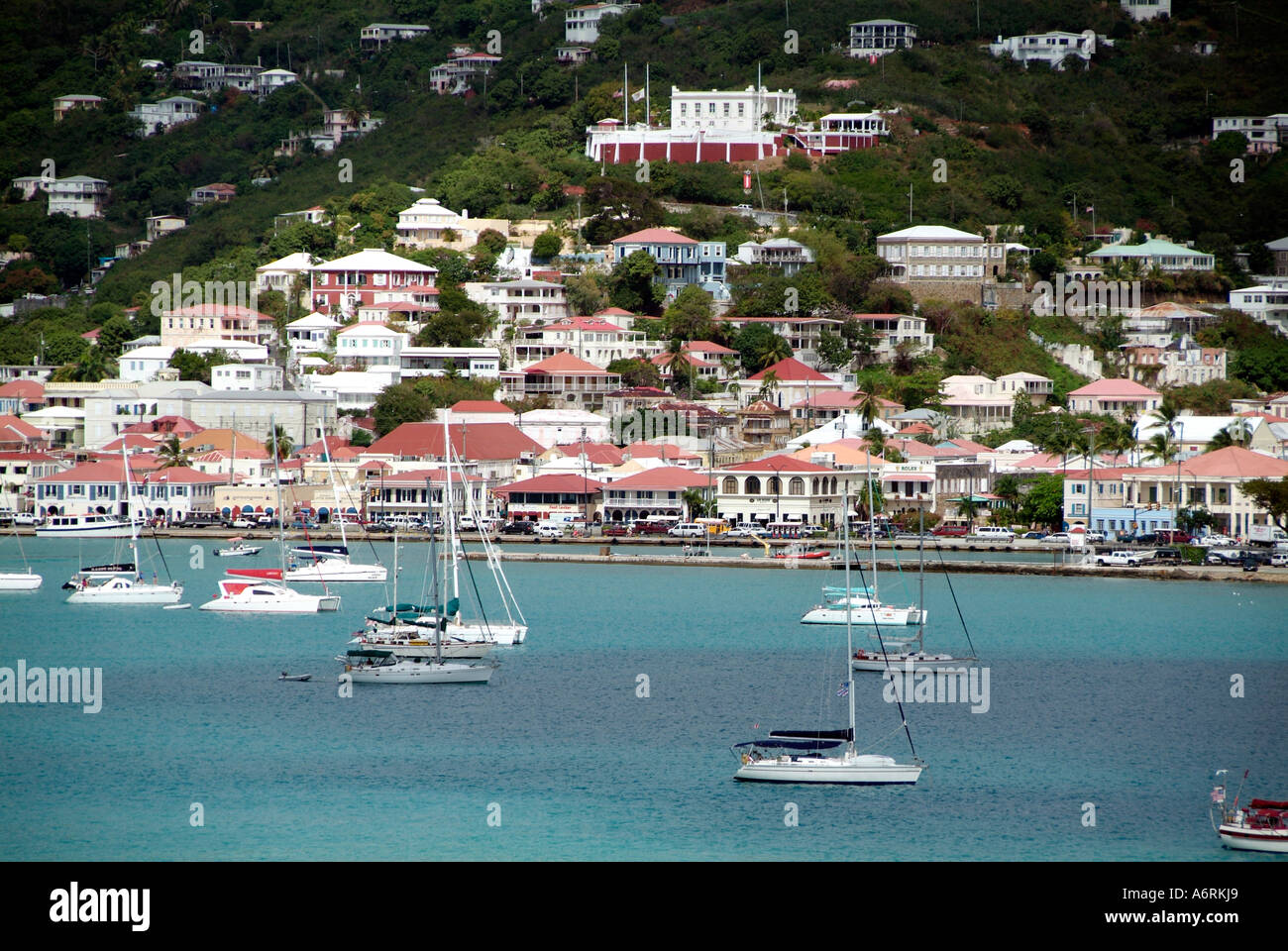 The cruise ship Carnival Fantasy from Port Canaveral visits the Caribbean Island of St Thomas Stock Photo