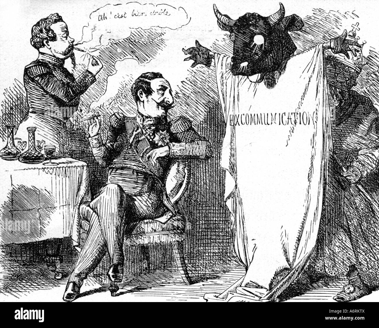 'Napoleon III., 20.4.1808 - 9.1.1873, Emperor of France 2.12.1852 - 2.9.1870, caricature, 'Mumbo Jumbo', the pope threatens wi Stock Photo