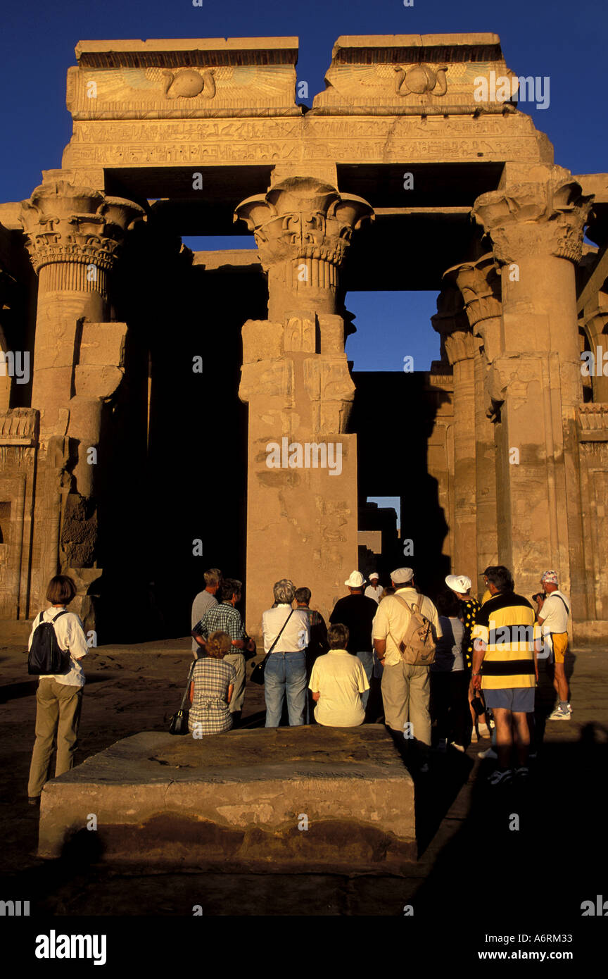 Egypt, Kom Obmo, Twin Temples and tourists, Left, God Horus; right, God Sobek Stock Photo