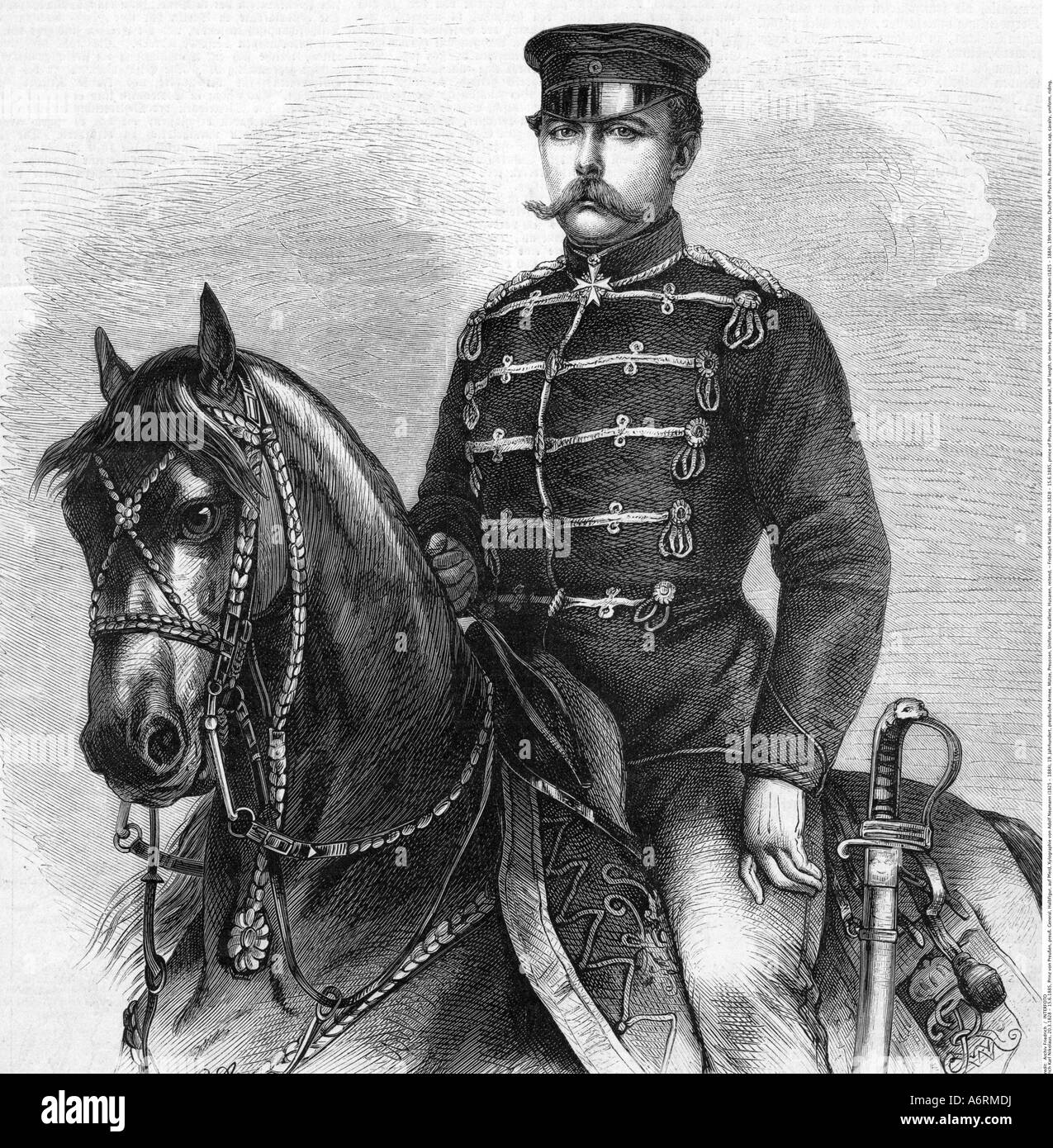 Frederick Carl Nicholas, 20.3.1828 - 15.6.1885, prince of Prussia, Prussian general, half length, on horse, engraving by Adolf N Stock Photo