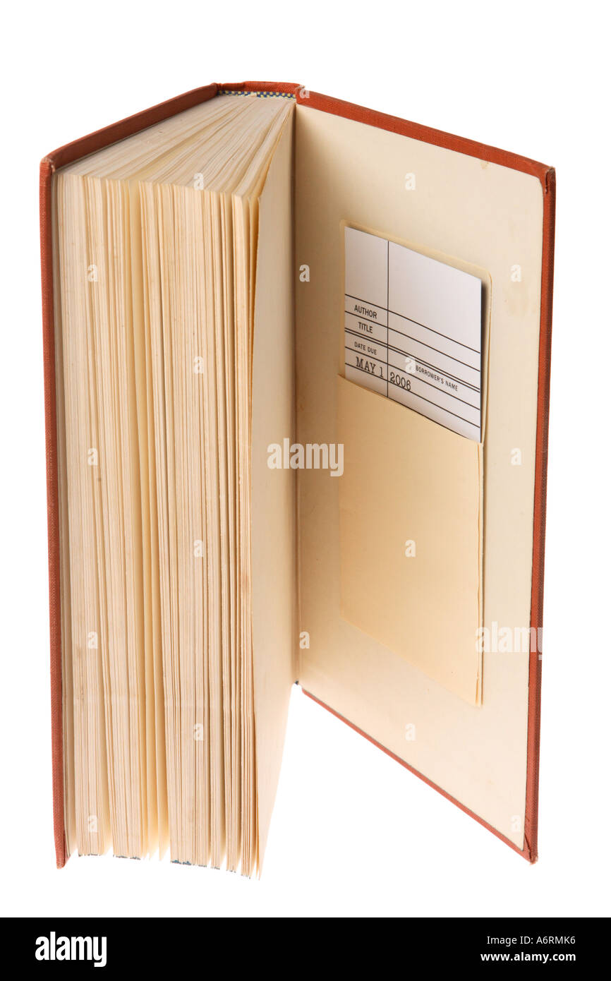 Library book with checkout card in back cover Stock Photo
