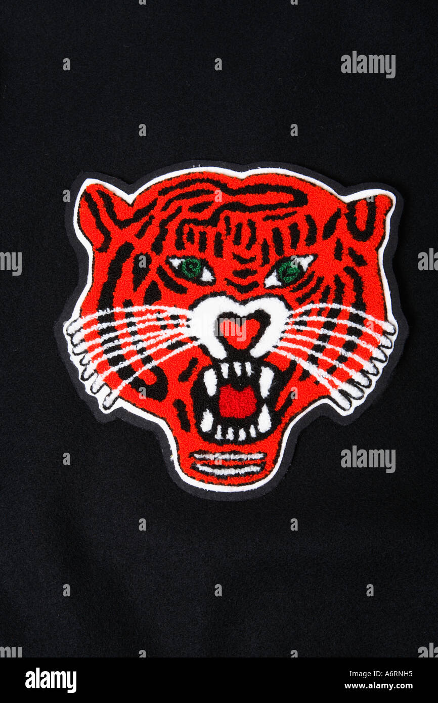 Tiger patch on back of lettermens jacket. Stock Photo