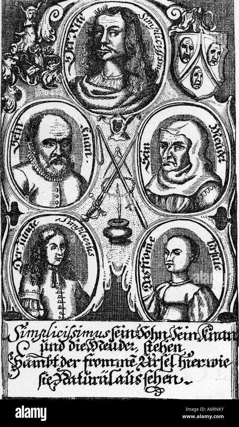 'Grimmelshausen, Hans Jakob Christoffel von, um 1622 - 17.8.1676, German author/writer, works, novel, 'Der abenteuerliche Simpl Stock Photo