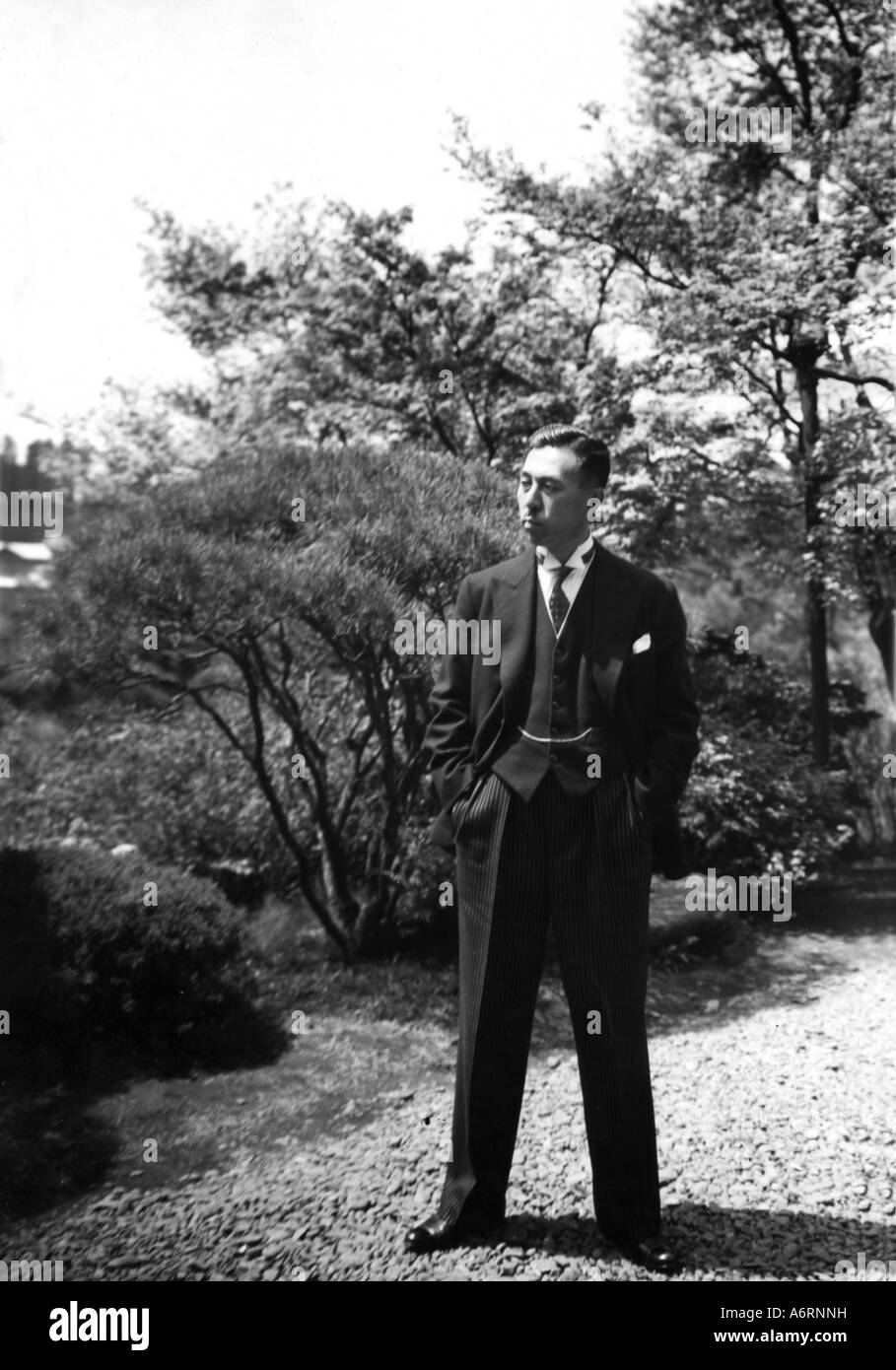 Konoe Fujimaro Prince, 12.10.1891 - 16.12.1945, Japanese politician, Primer Minister, full length, in the graden of his mansion Stock Photo