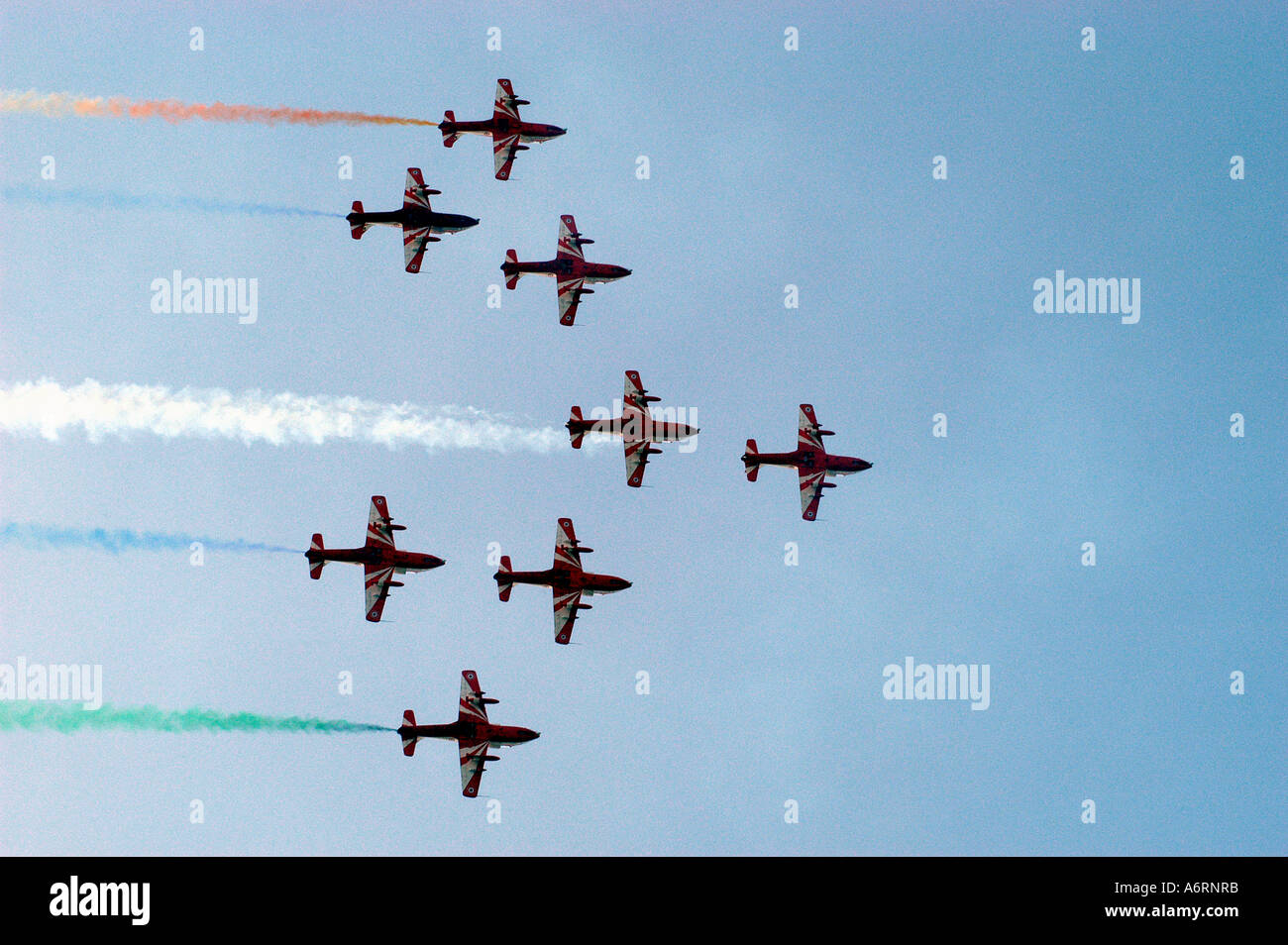 ASB77304 Indian Air Force precision flying team Suryakiran perform with eight planes Stock Photo
