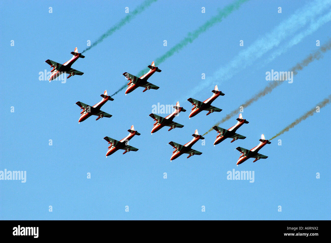 ASB77311 Indian Air Force precision aircraft flying team Suryakiran perform with nine planes Stock Photo