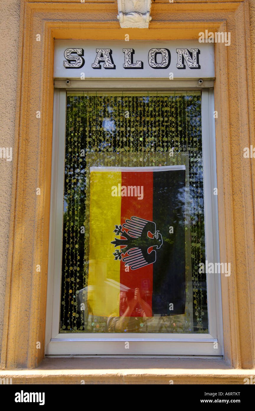salon window german flag germany deustch  deustchland eagle emblem patriotism world cup 2006 dortmund Stock Photo