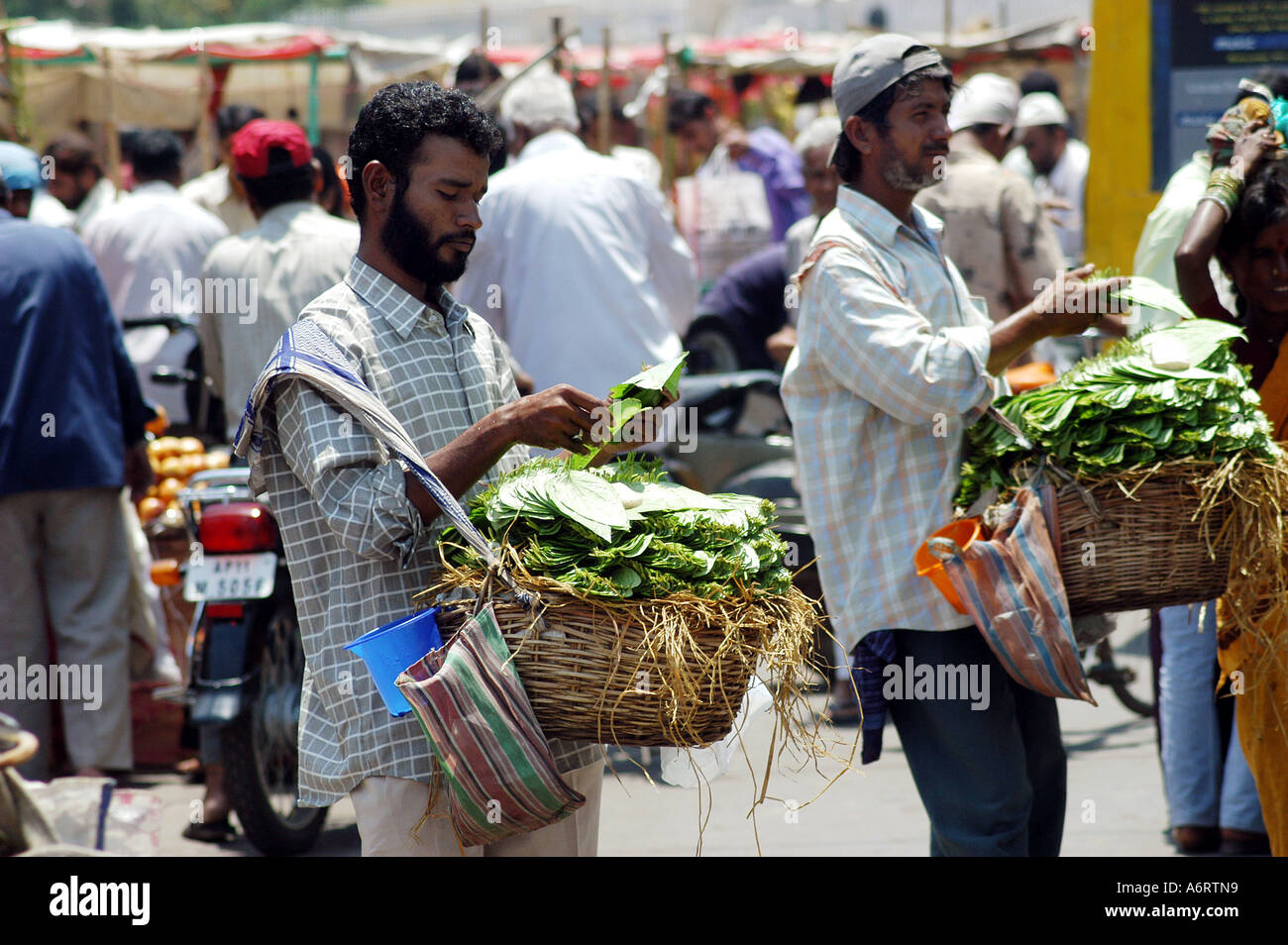 ASB77356 Two hawkers selling betel nut leaves in the old city of Hyderabad Andhra Pradesh India Stock Photo