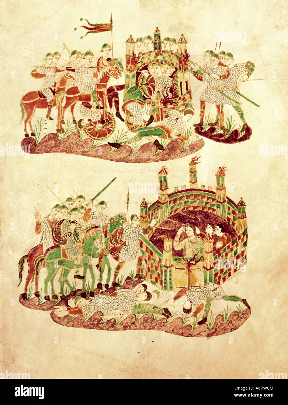 middle ages, Franconian Empire, Franconian warriors attacking a castle, miniature, Psalterium aureum, Sankt Gallen, before 883, Stock Photo
