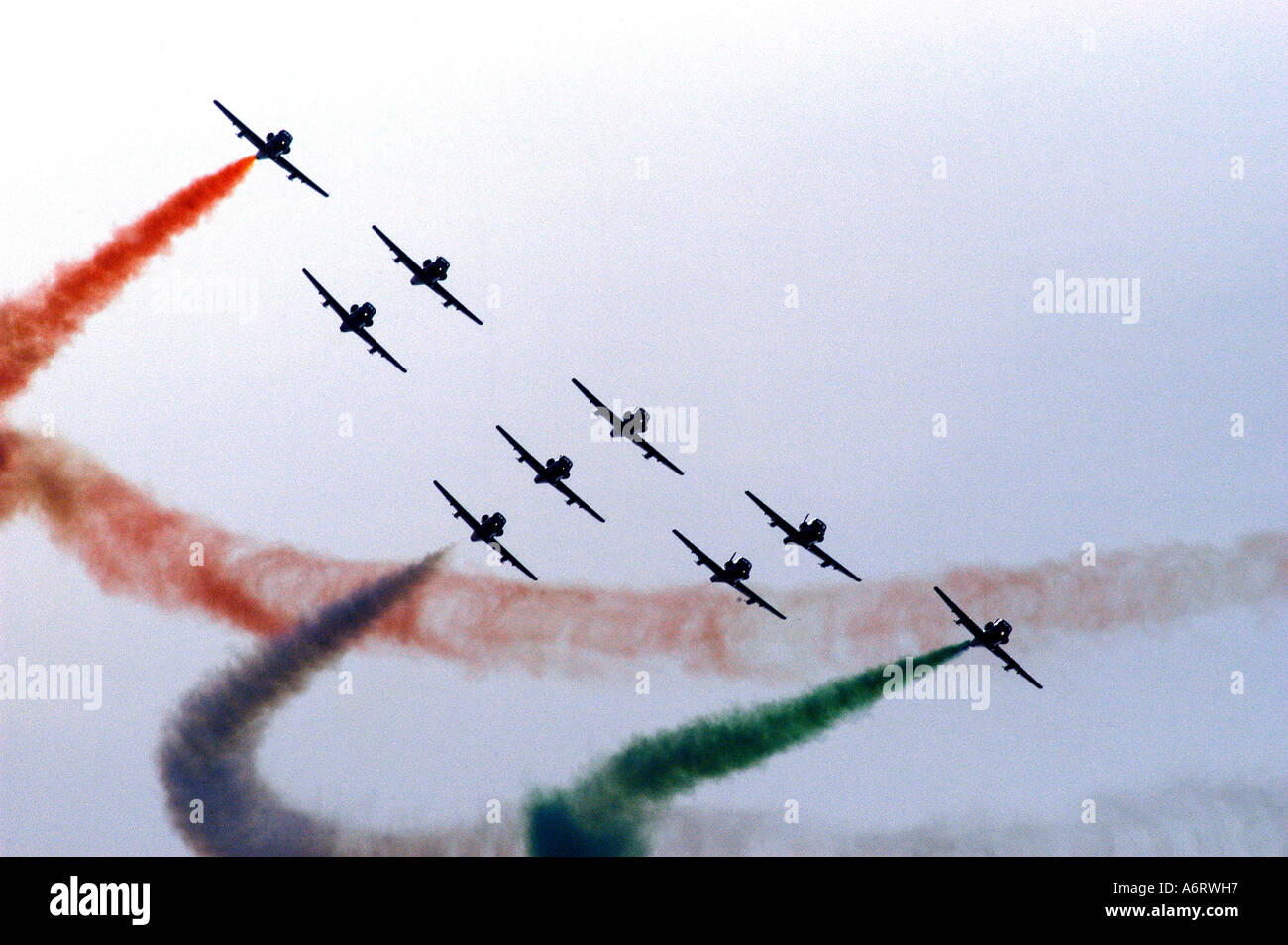 ASB77313 Indian Air Force precision aircraft flying team Suryakiran perform with nine planes Stock Photo