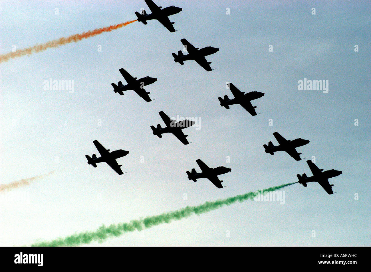 ASB77314 Indian Air Force precision aircraft flying team Suryakiran perform with nine planes Stock Photo