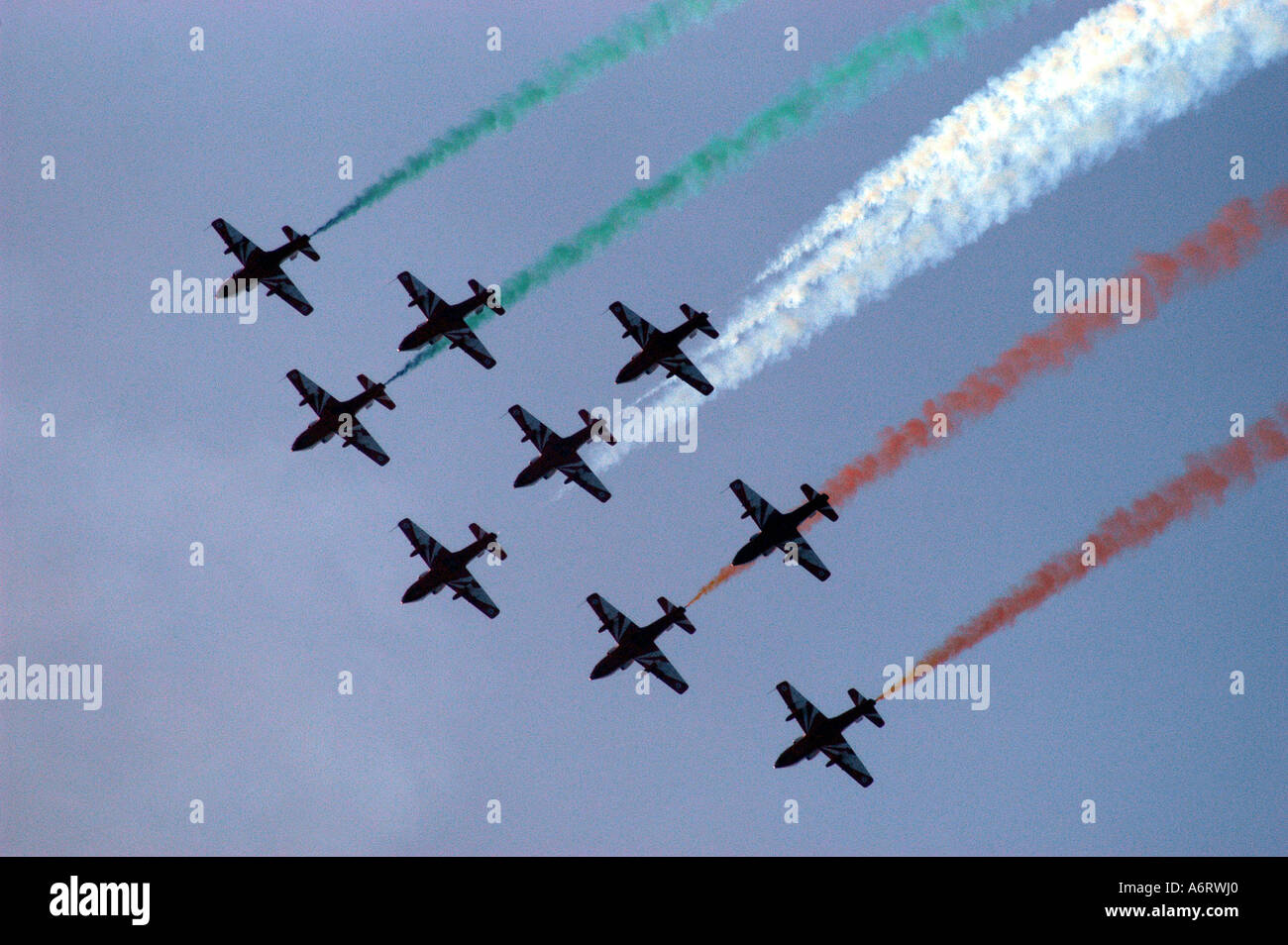 ASB77315 Indian Air Force precision aircraft flying team Suryakiran perform with nine planes Stock Photo