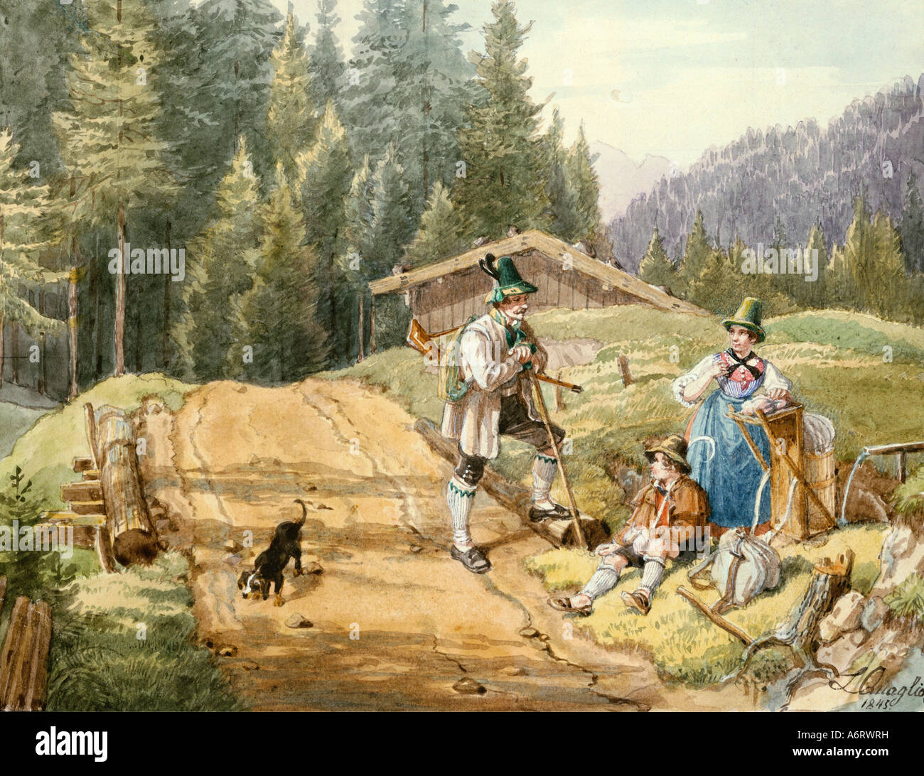 fine arts, Quaglio, Lorenz (1793 - 1869), rest at the mountain, watercolour, 11,7,x15,2 cm, private collection, people, Bavarian Stock Photo