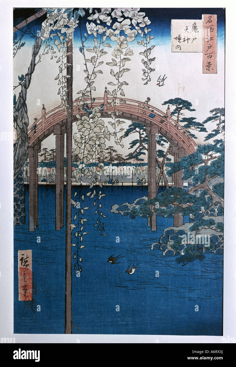 'fine arts, Hiroshige Utagawa (1797 - 1858), bridge of Kameido, woodcut, 1856, 33,7x22 cm, Austrian Museum for Applied Arts, Vie Stock Photo