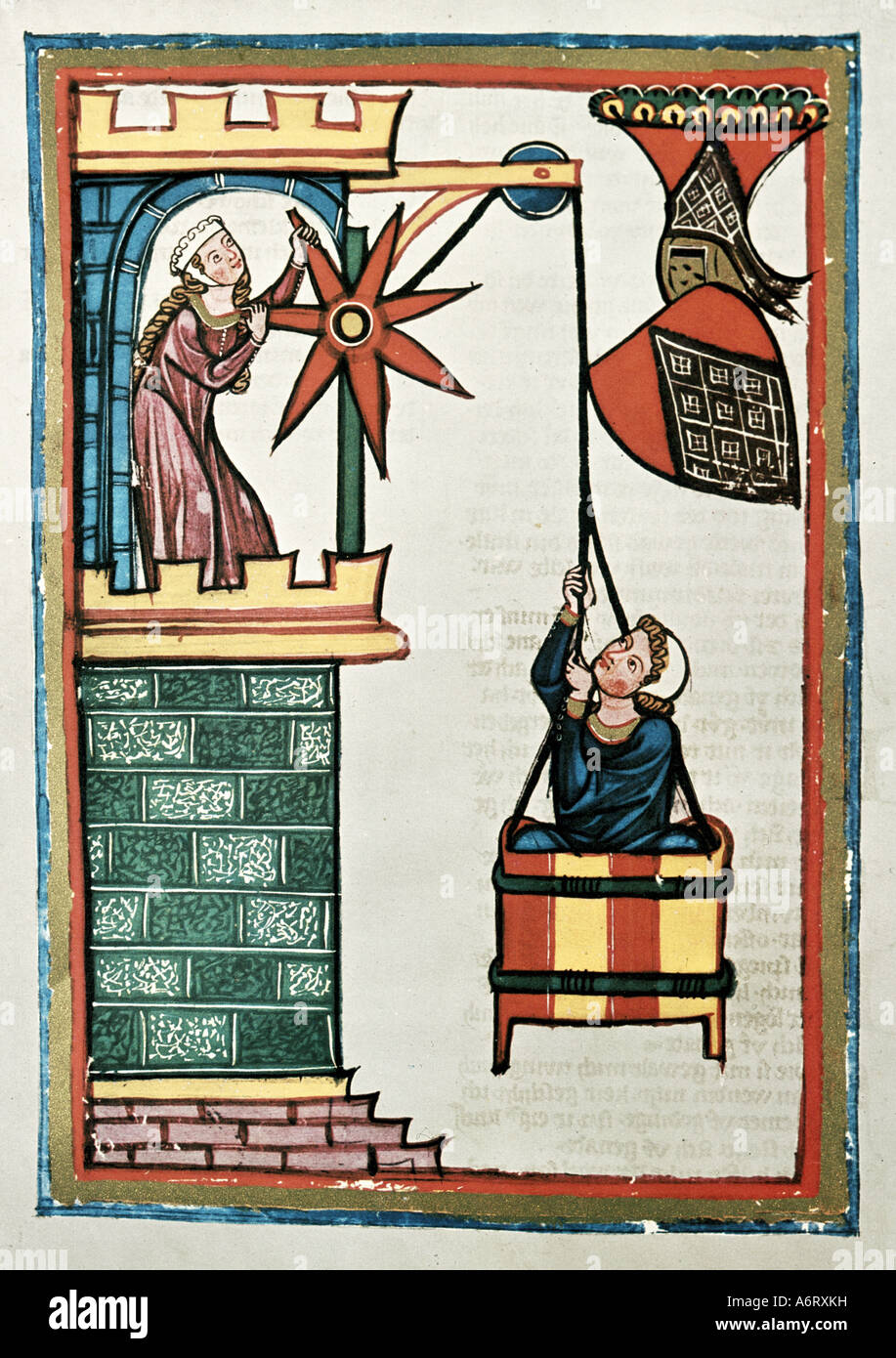 fine arts, middle ages, Gothic, illumination, Codex Manesse, Zurich, 1305 - 1340, Kristan von Hamle, covering colour on vellum, Stock Photo