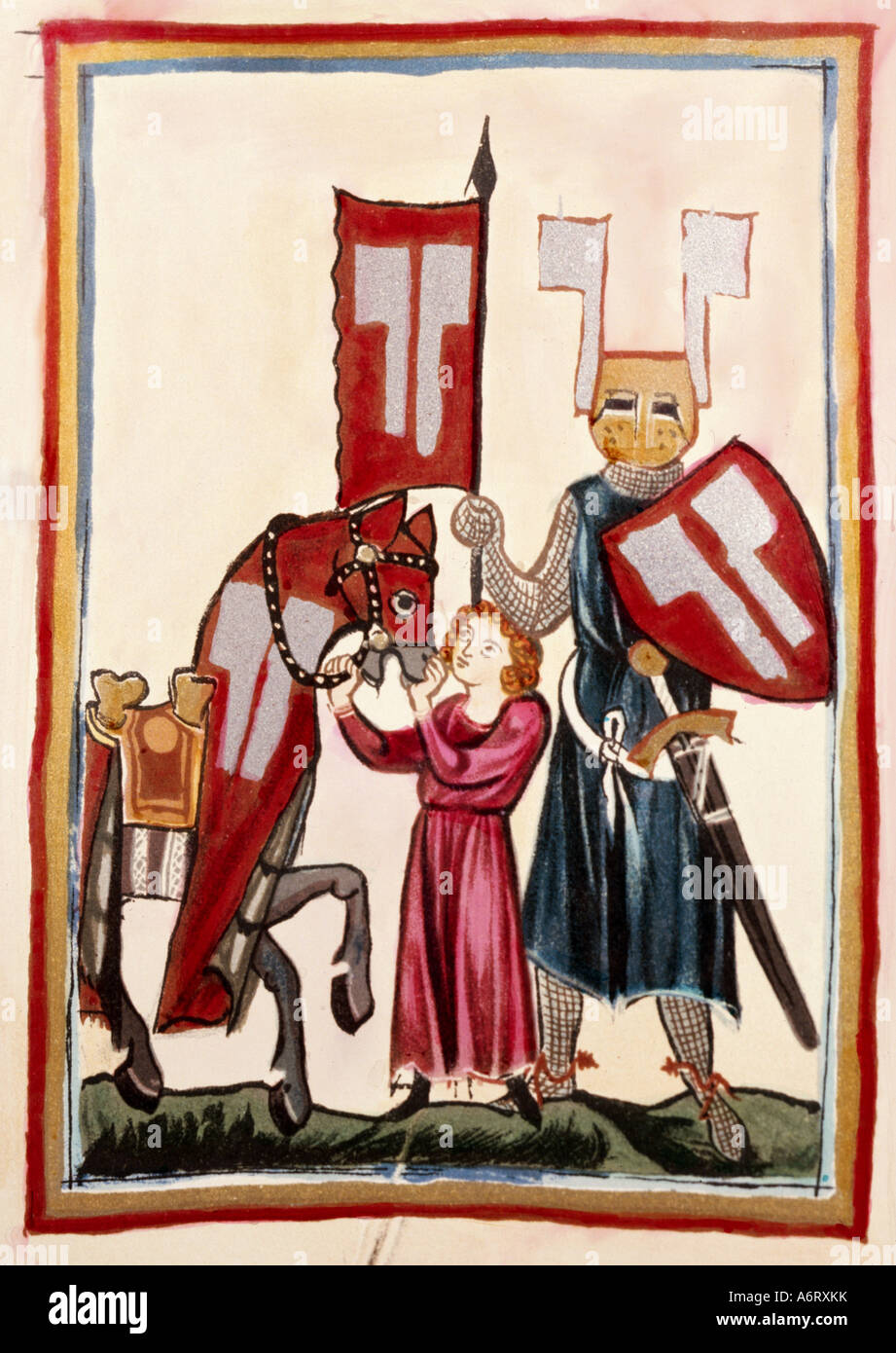 fine arts, middle ages, Gothic, illumination, Codex Manesse, Zurich, 1305 - 1340, Wolfram von Eschenbach, covering colour on vel Stock Photo