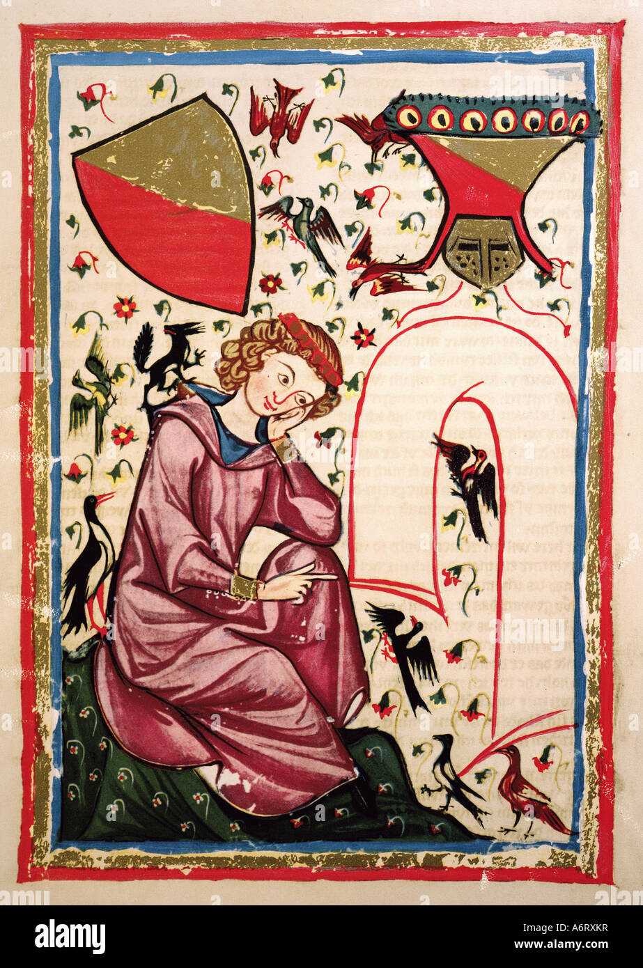 fine arts, middle ages, Gothic, illumination, Codex Manesse, Zurich, 1305 - 1340, Heinrich von Veldeke (before 1150 - circa 1190 Stock Photo