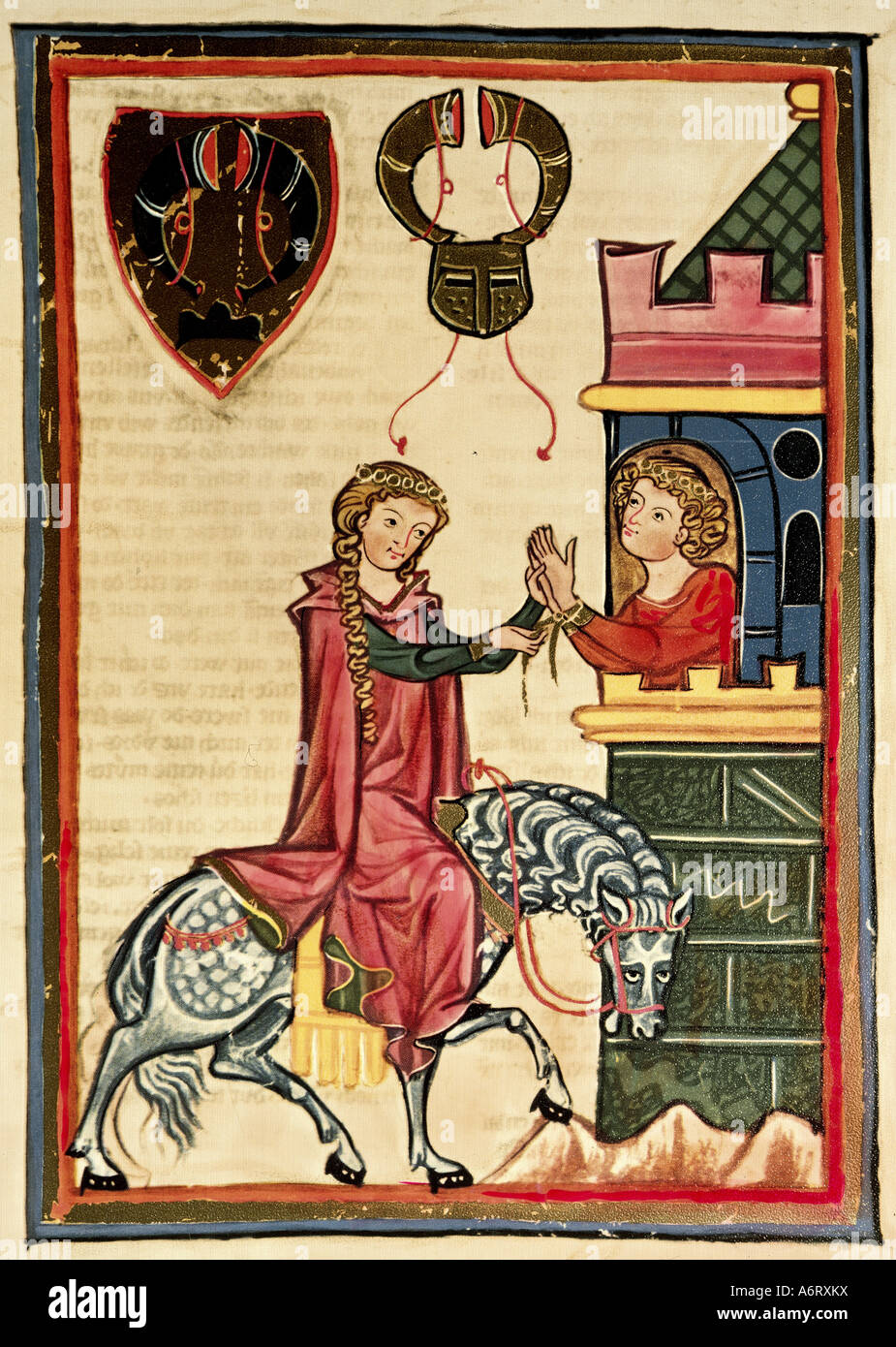 fine arts, middle ages, Gothic, illumination, Codex Manesse, Zurich, 1305 - 1340, Bruno von Hornberg, covering colour on vellum, Stock Photo