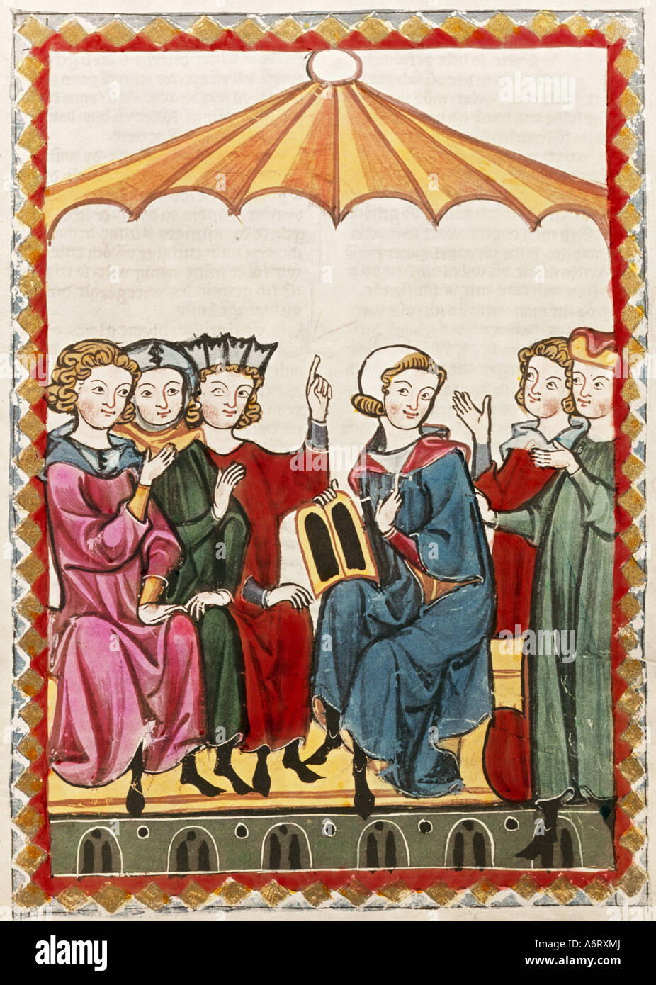 fine arts, middle ages, Gothic, illumination, Codex Manesse, Zurich, 1305 - 1340, Gottfried von Strassburg (+ circa 1215), cover Stock Photo