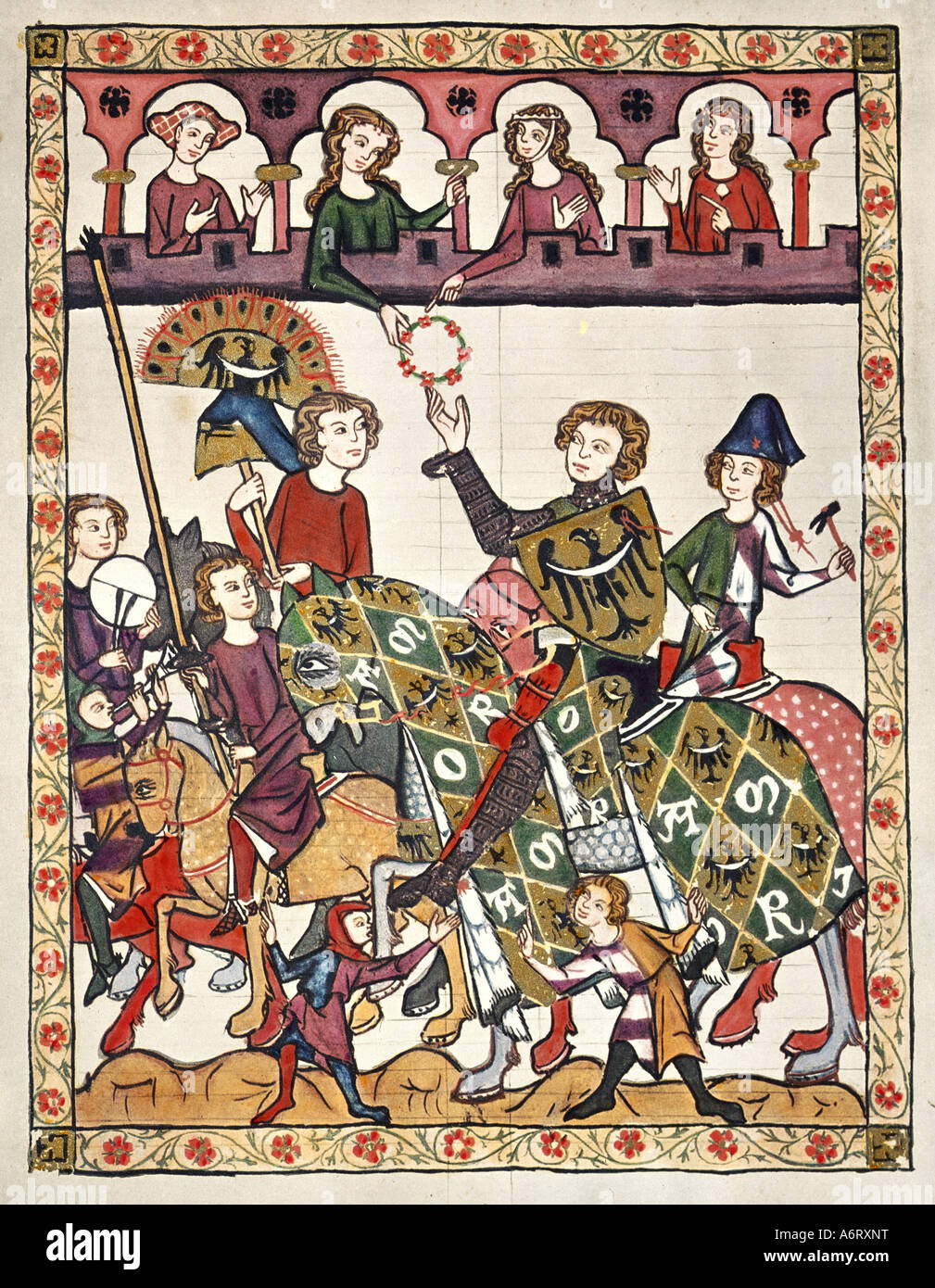fine arts, middle ages, Gothic, illumination, Codex Manesse, Zurich, 1305 - 1340, Duke Henry of Breslau (1253 - 1290), covering Stock Photo