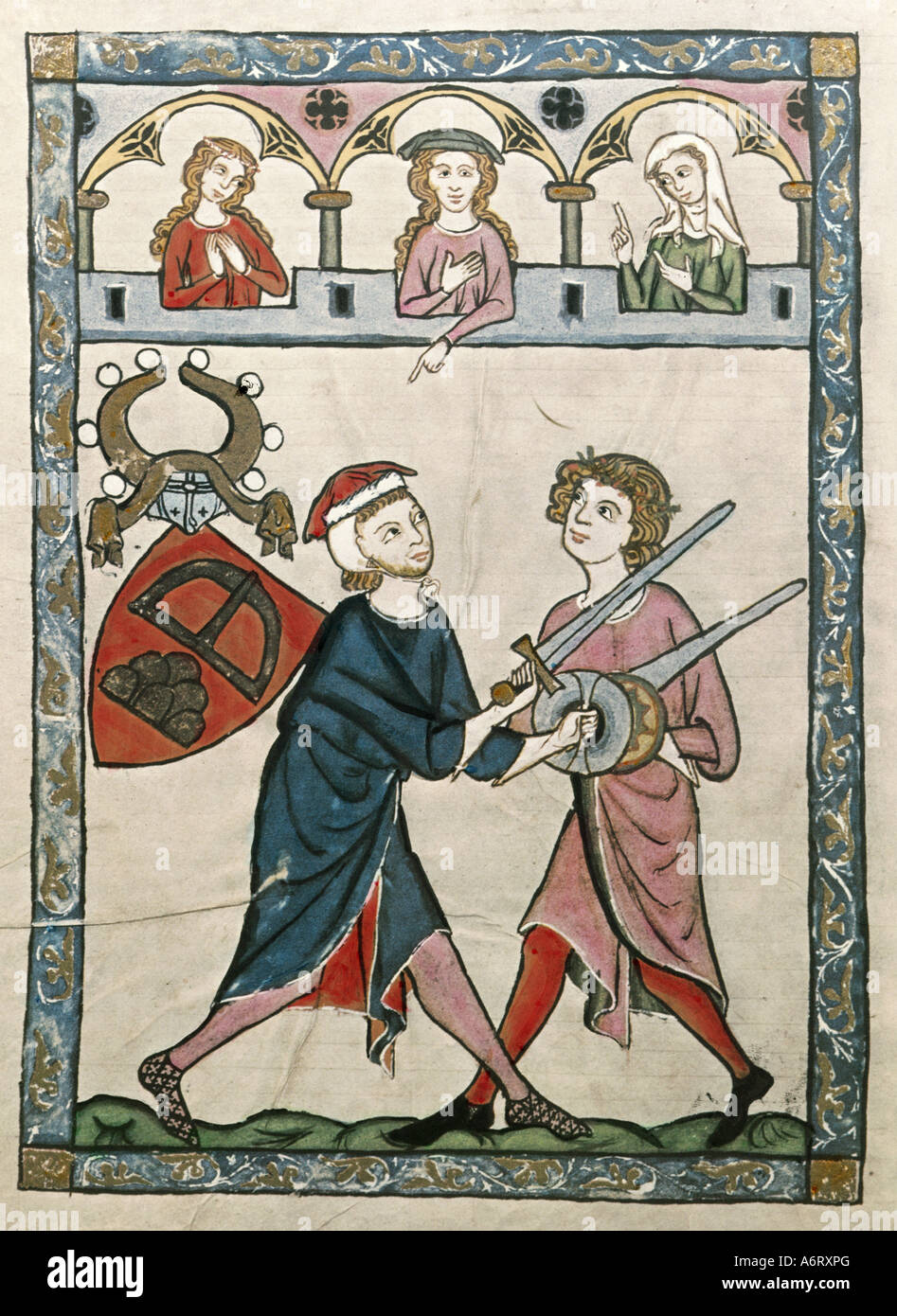 fine arts, middle ages, Gothic, illumination, Codex Manesse, Zurich, 1305 - 1340, Johann von Ringgenberg, covering colour on vel Stock Photo