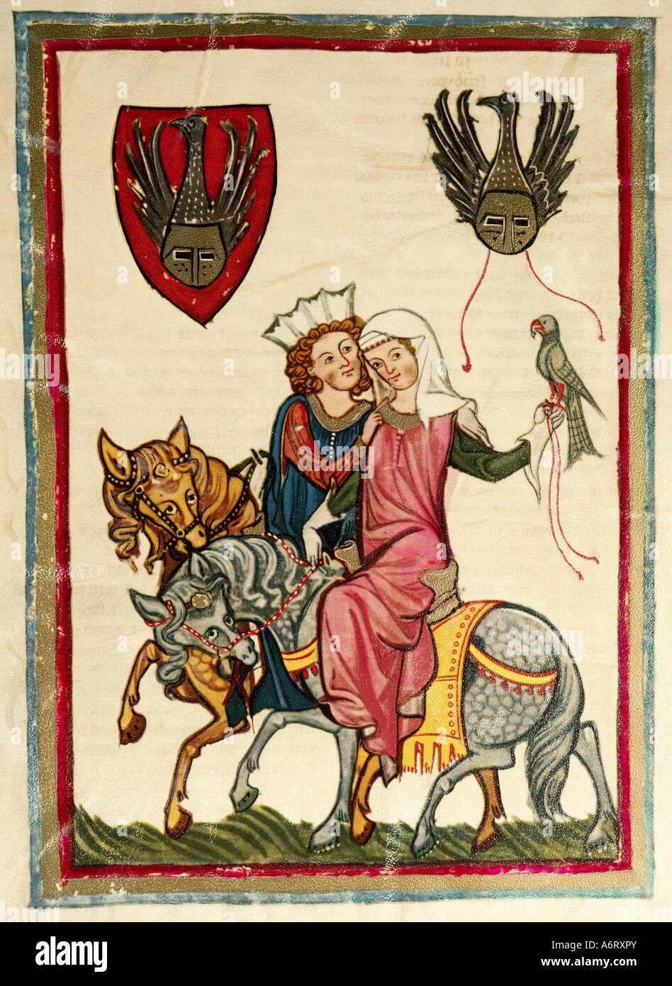 fine arts, middle ages, Gothic, illumination, Codex Manesse, Zurich, 1305 - 1340, Wernher von Teufen, covering colour on vellum, Stock Photo