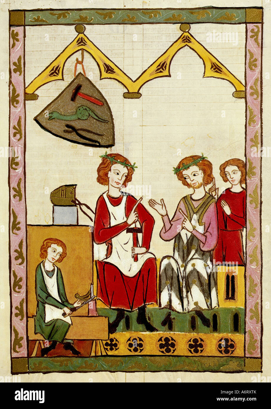 fine arts, middle ages, Gothic, illumination, Codex Manesse, Zurich, 1305 - 1340, Barthel Regenbogen (+ circa 1320), covering co Stock Photo