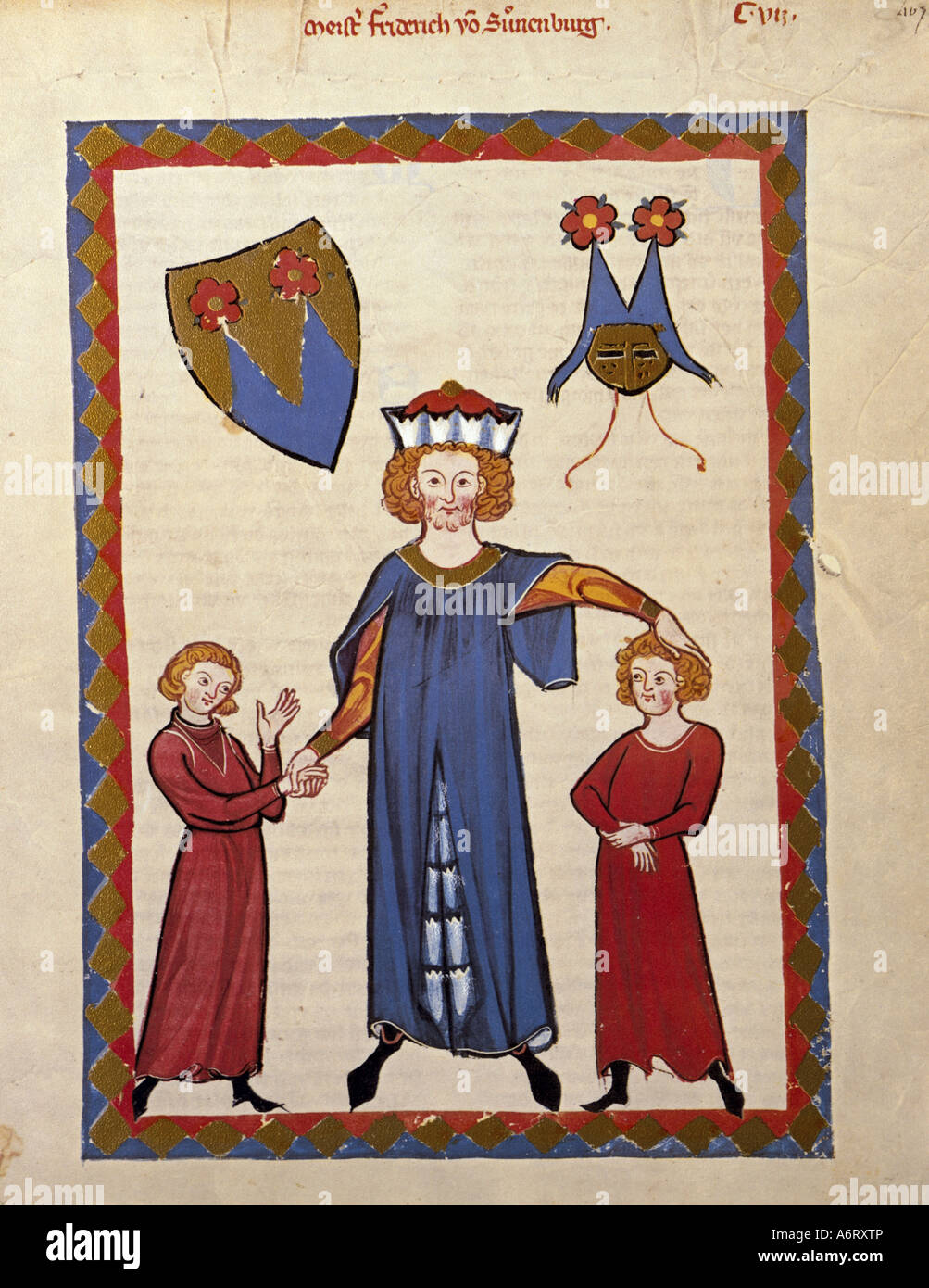 fine arts, middle ages, Gothic, illumination, Codex Manesse, Zurich, 1305 - 1340, Friedrich von Sonnenburg, covering colour on v Stock Photo