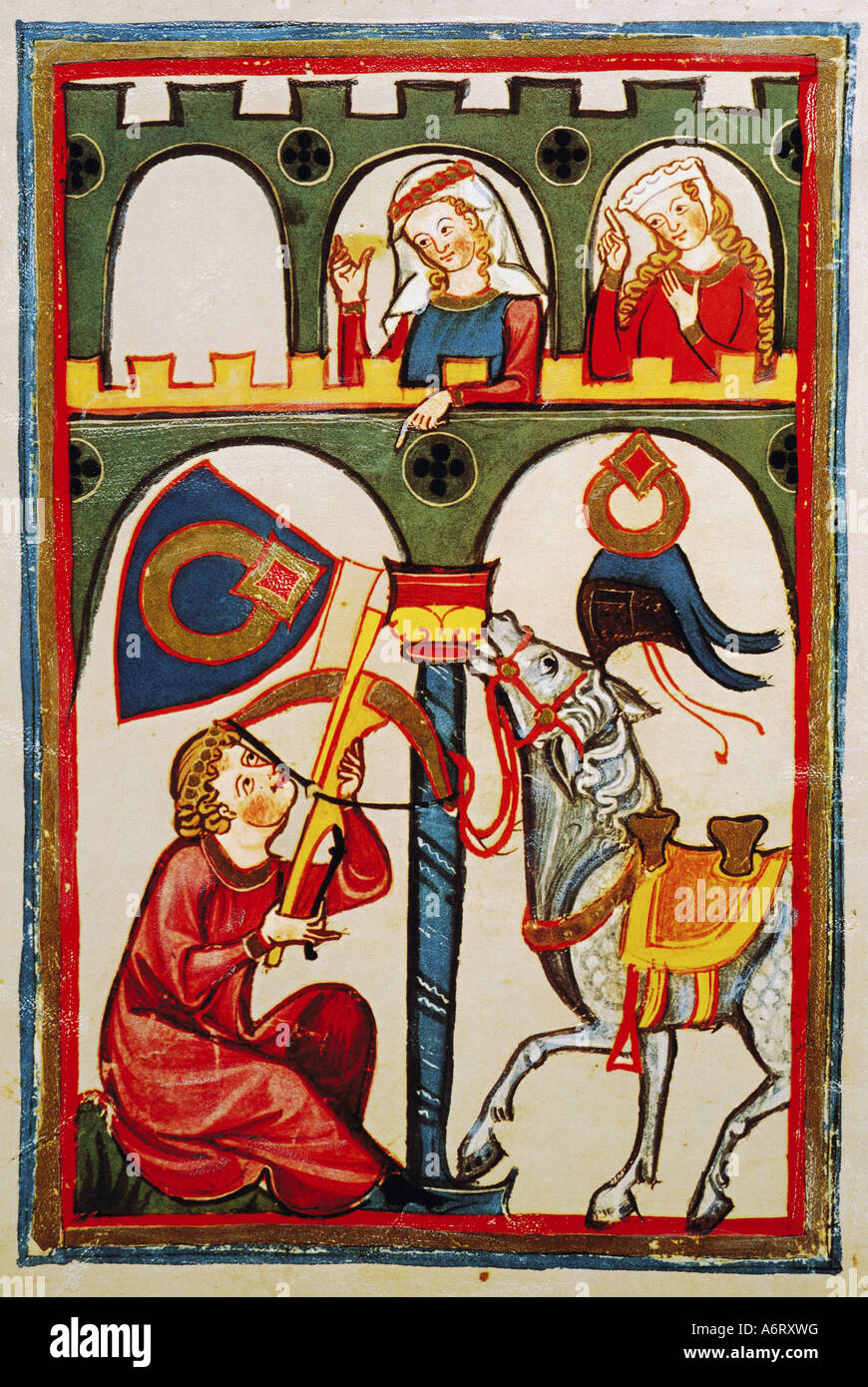 fine arts, middle ages, Gothic, illumination, Codex Manesse, Zurich, 1305 - 1340, Master Rubin, covering colour on vellum, Unive Stock Photo