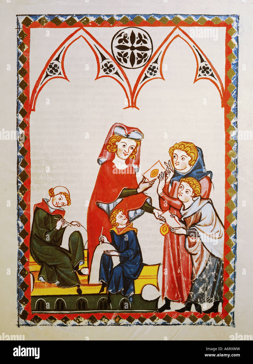 fine arts, middle ages, Gothic, illumination, Codex Manesse, Zurich, 1305 - 1340, Rudolf the clerk, covering colour on vellum, U Stock Photo