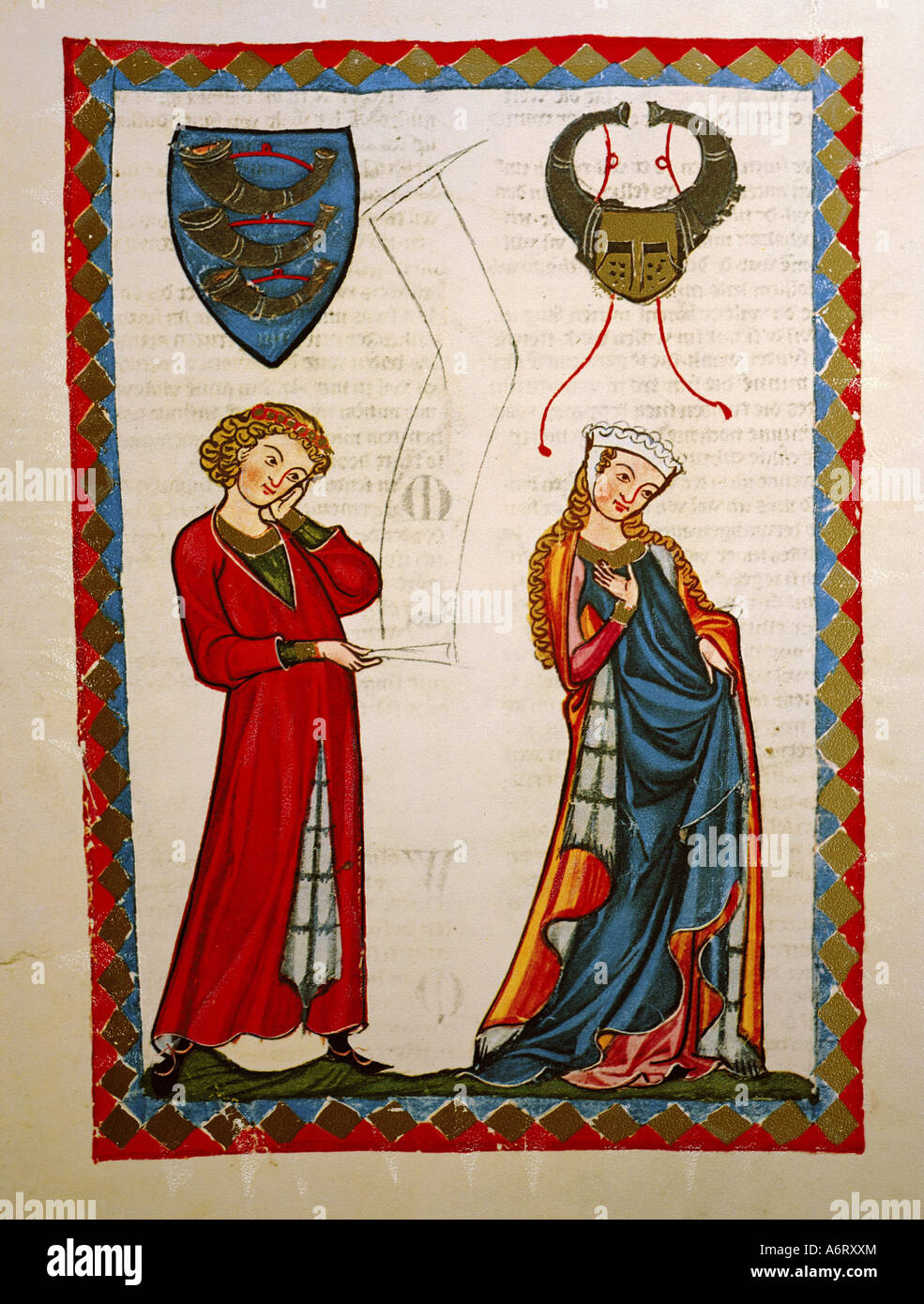 fine arts, middle ages, Gothic, illumination, Codex Manesse, Zurich, 1305 - 1340, Gottfried von Neifen, covering colour on vellu Stock Photo