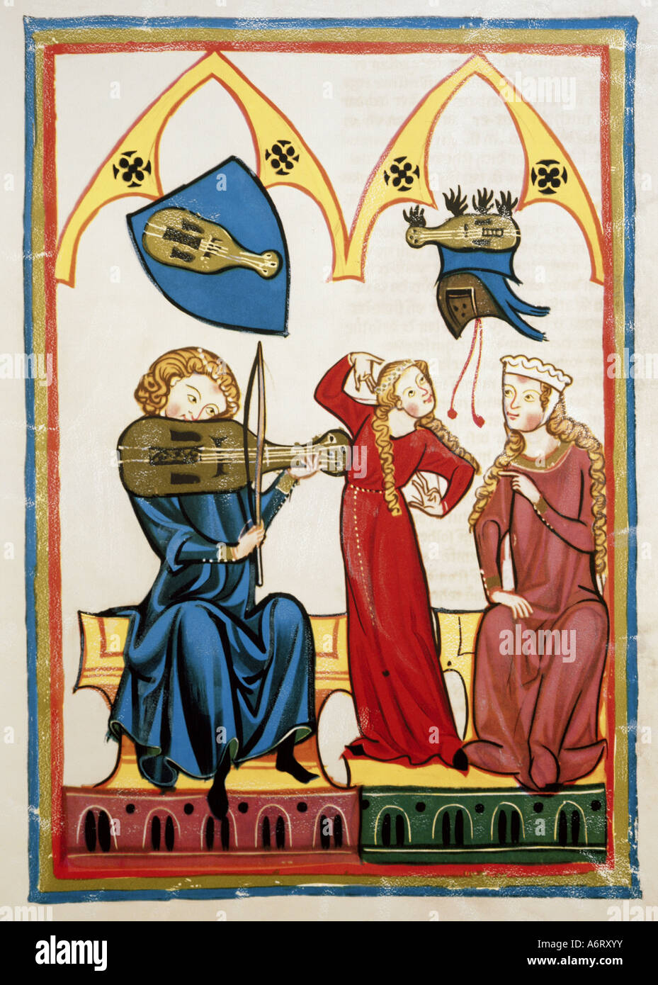 fine arts, middle ages, Gothic, illumination, Codex Manesse, Zurich, 1305 - 1340, Master Reinmar the fiddler, covering colour on Stock Photo