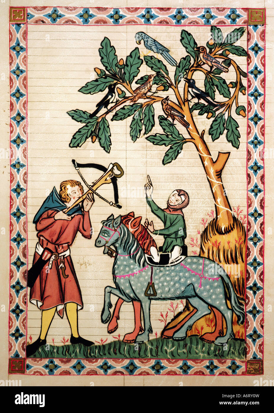 fine arts, middle ages, Gothic, illumination, Codex Manesse, Zurich, 1305 - 1340, Kol von Nüssen, covering colour on vellum, Uni Stock Photo
