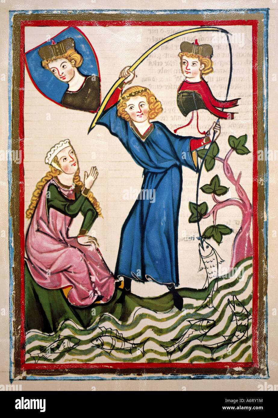 fine arts, middle ages, Gothic, illumination, Codex Manesse, Zurich, 1305 - 1340, Master Pfeffel, covering colour on vellum, Uni Stock Photo