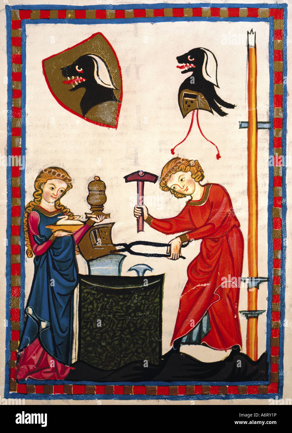 fine arts, middle ages, Gothic, illumination, Codex Manesse, Zurich, 1305 - 1340, Hartmann von Starkenberg, covering colour on v Stock Photo