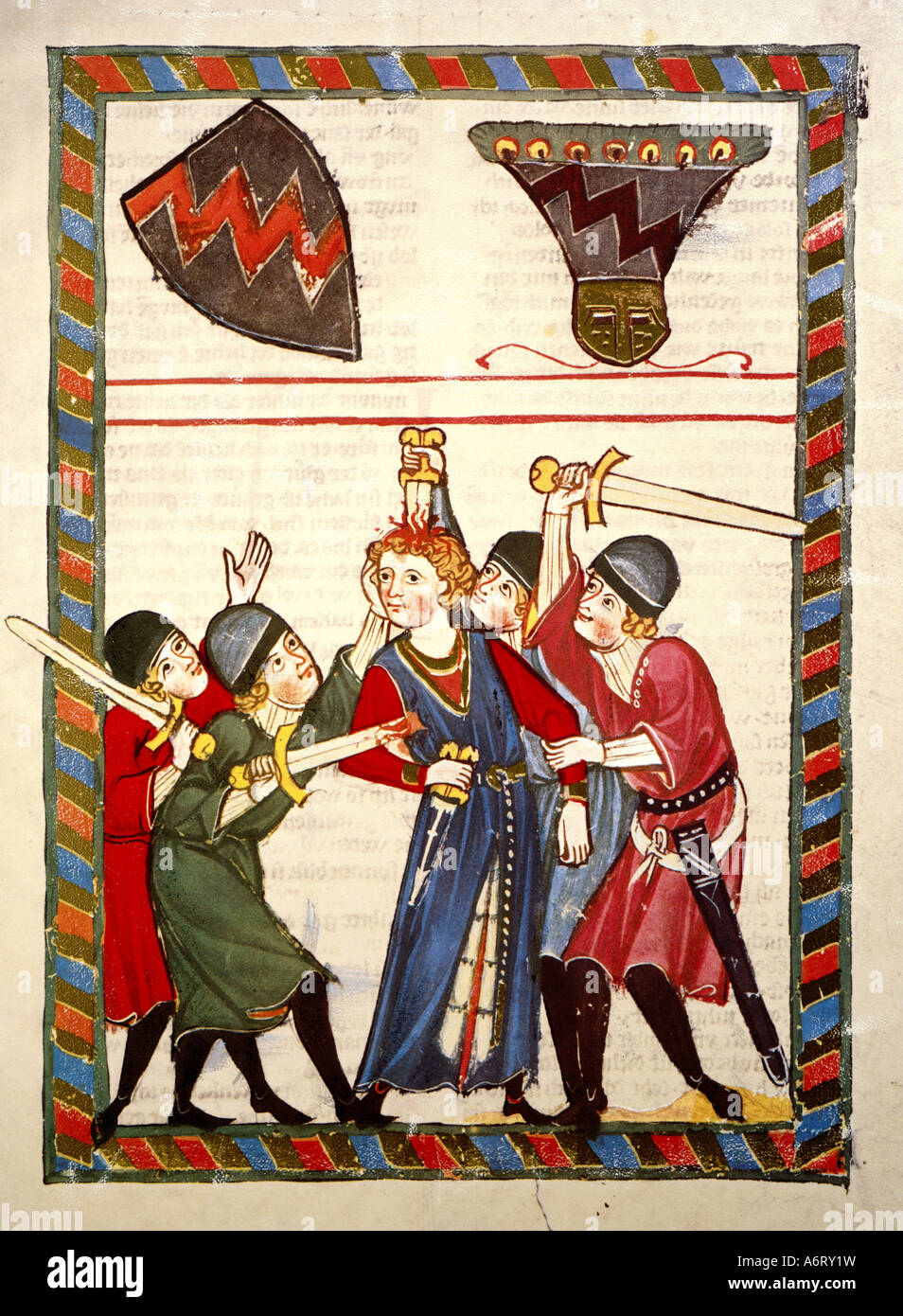 fine arts, middle ages, Gothic, illumination, Codex Manesse, Zurich, 1305 - 1340, Reinmar von Brennenberg, covering colour on ve Stock Photo